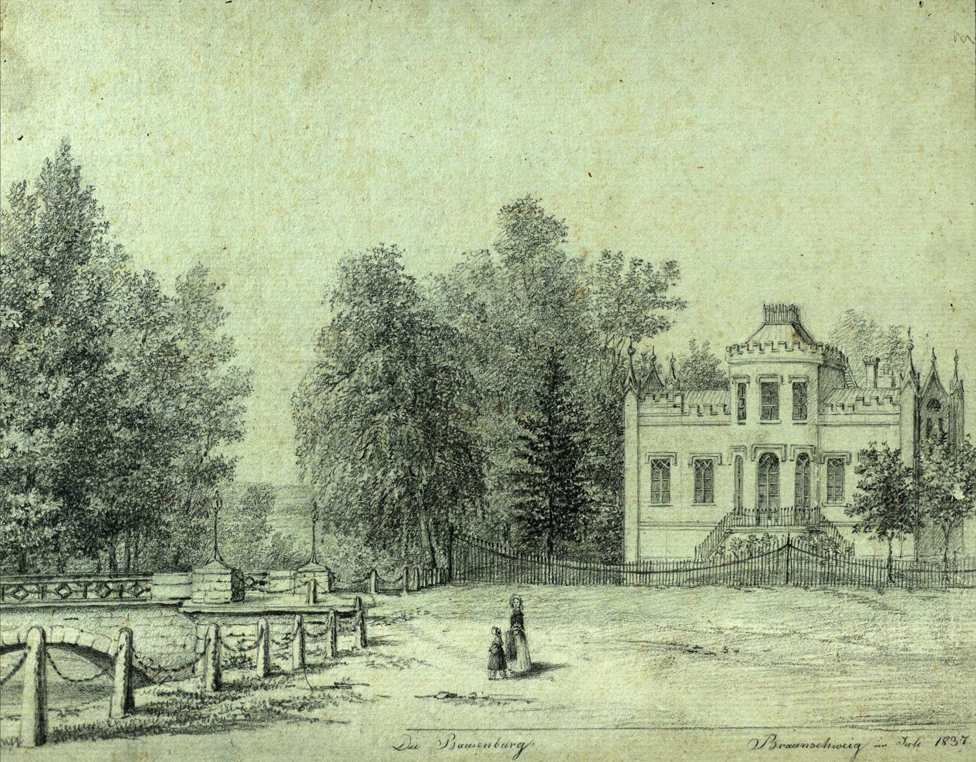 Augusttorbrücke, Augusttor, Ostansicht mit Brücke und Villa Hörstel, 1837