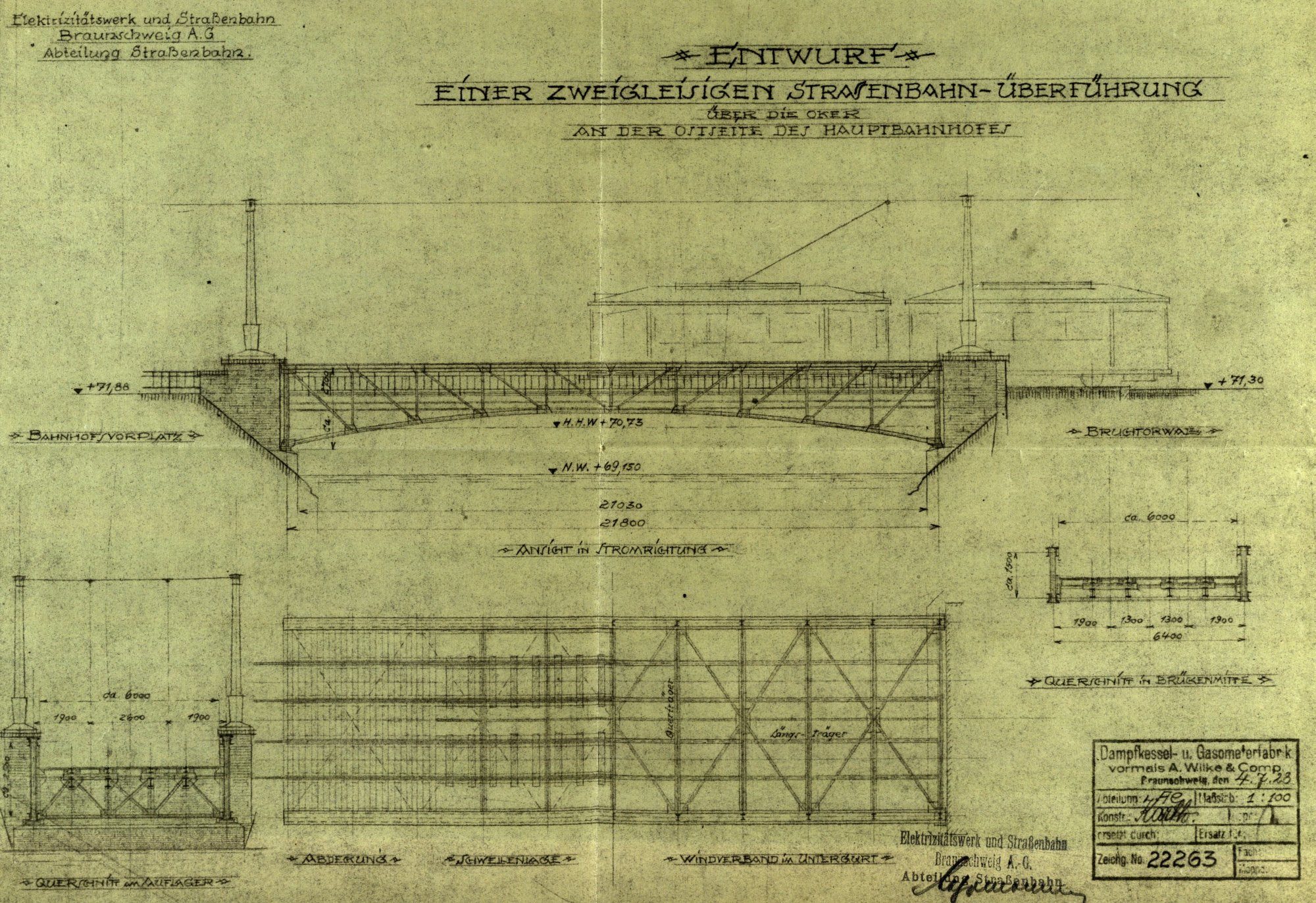 Bahnhofsbrücke, Umbauplan der östlichen Brücke für Straßenbahnverkehr, 1928