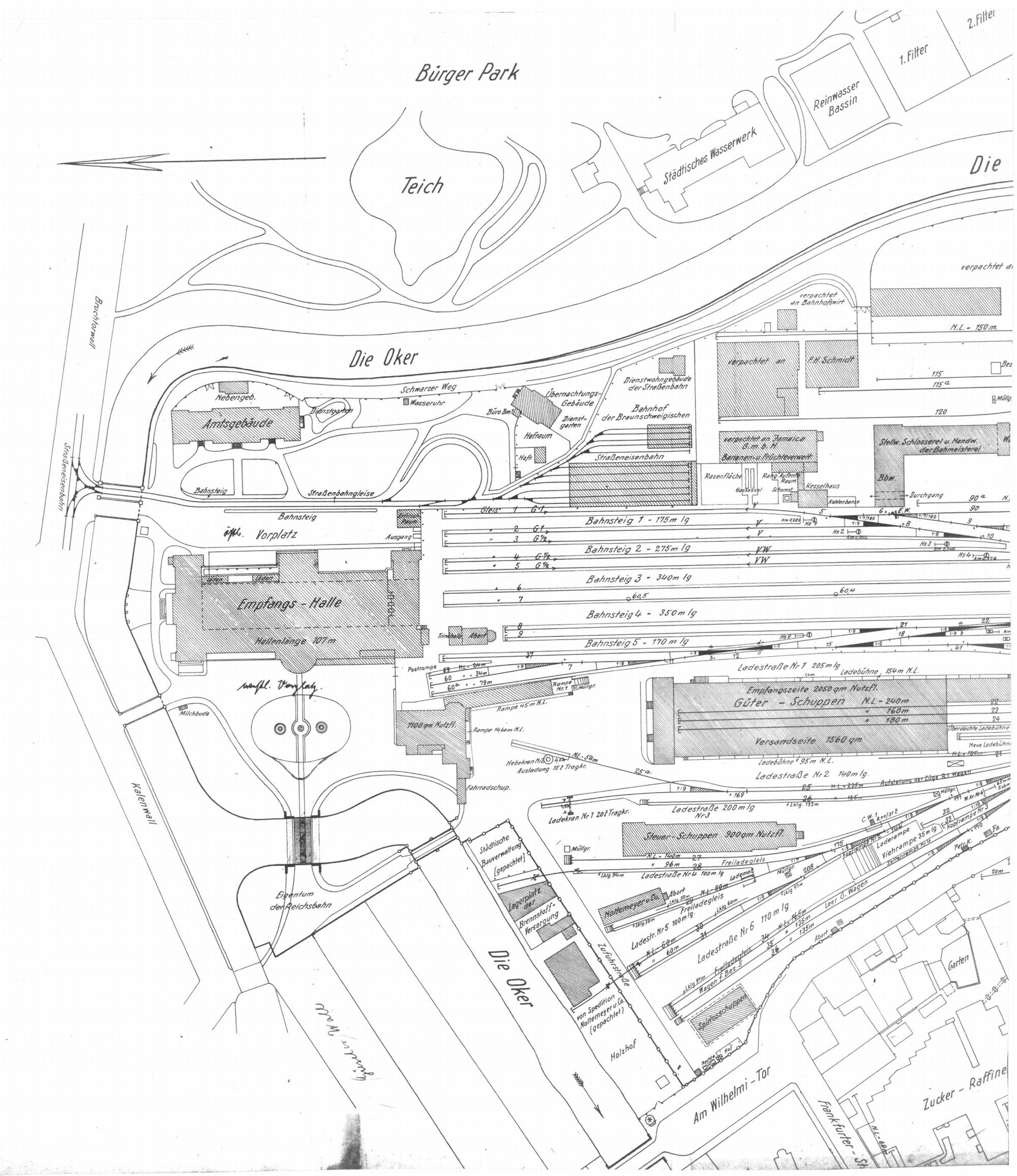 Bahnhofsbrücke, Alter Hauptbahnhof, Lageplan, um 1935 (Wird bei Klick vergrößert)