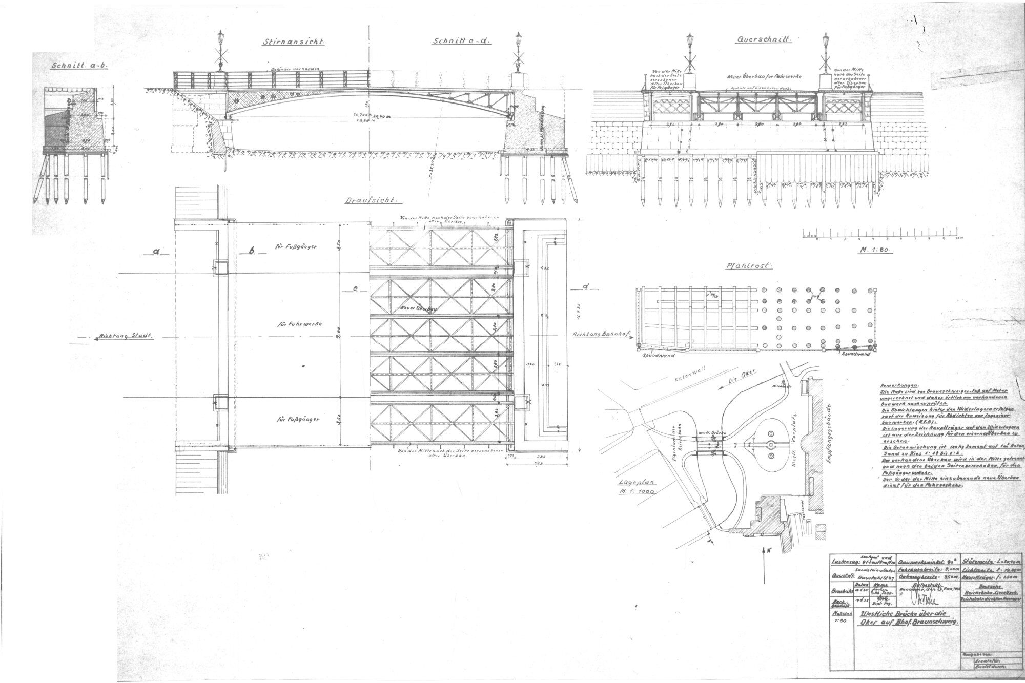 Bahnhofsbrücke, ehemalige Brücke zum Westeingang des Bahnhofs (nicht mehr vorhanden), Planzeichnung, 1935 (Wird bei Klick vergrößert)