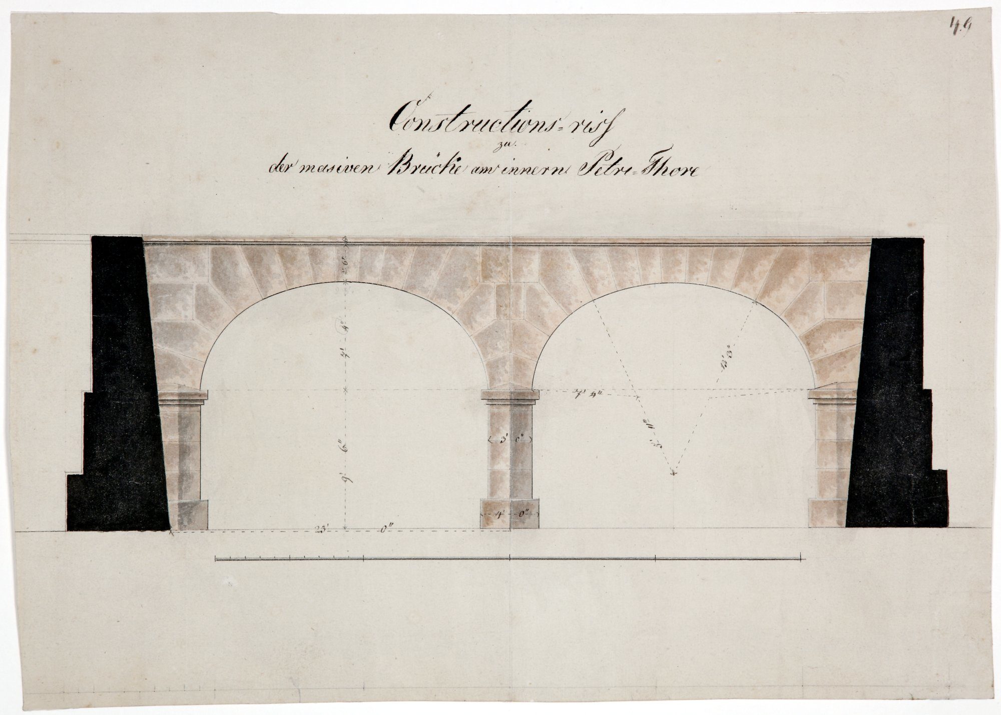 Brücke Neues Petritor, Entwurfszeichnung von Krahe, Ostansicht, 1819 (Wird bei Klick vergrößert)