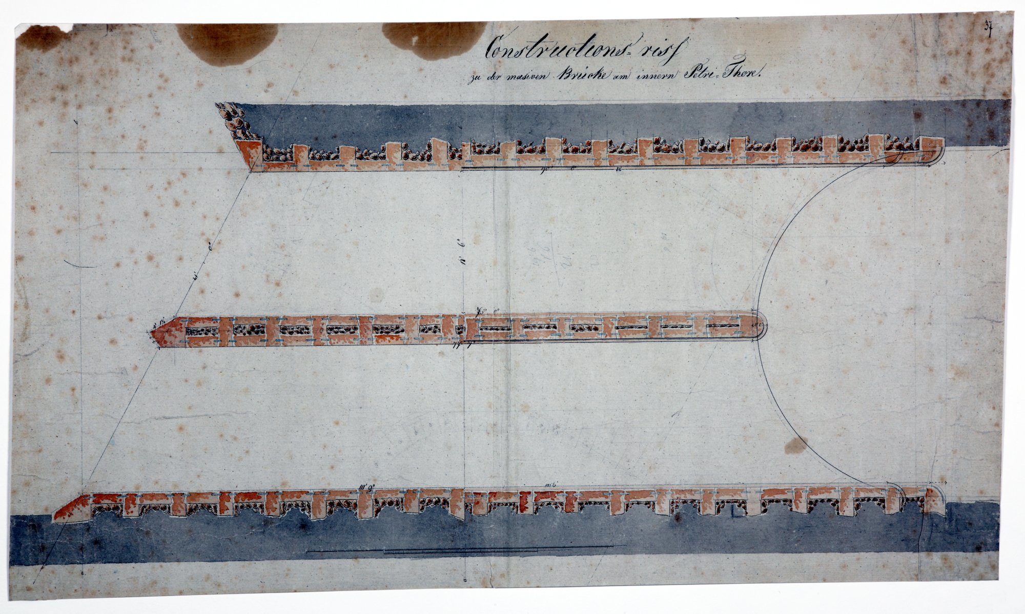 Brücke Neues Petritor, Entwurfszeichnung von Krahe, Fundamentierung, 1819 (Wird bei Klick vergrößert)