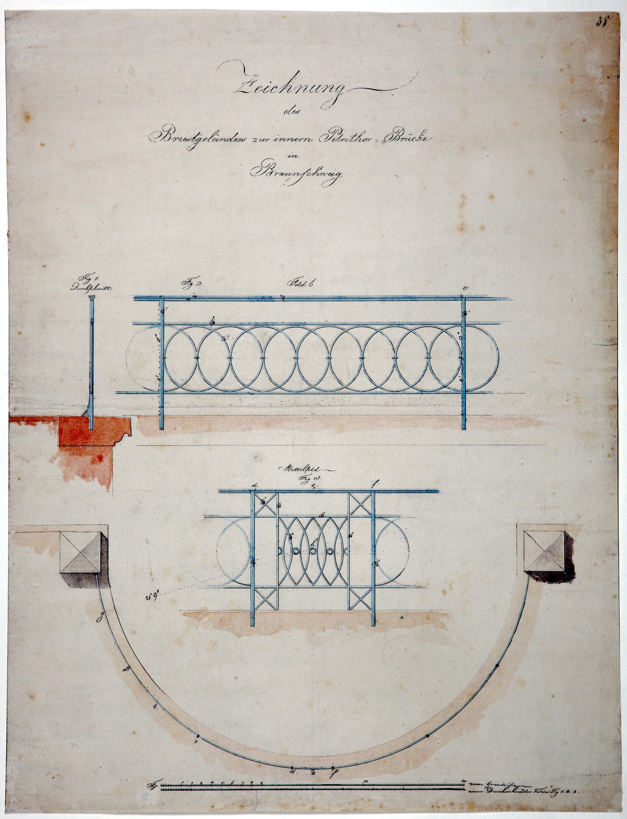 Brücke Neues Petritor, Entwurfszeichnung von Krahe, Geländerdetails, 1819