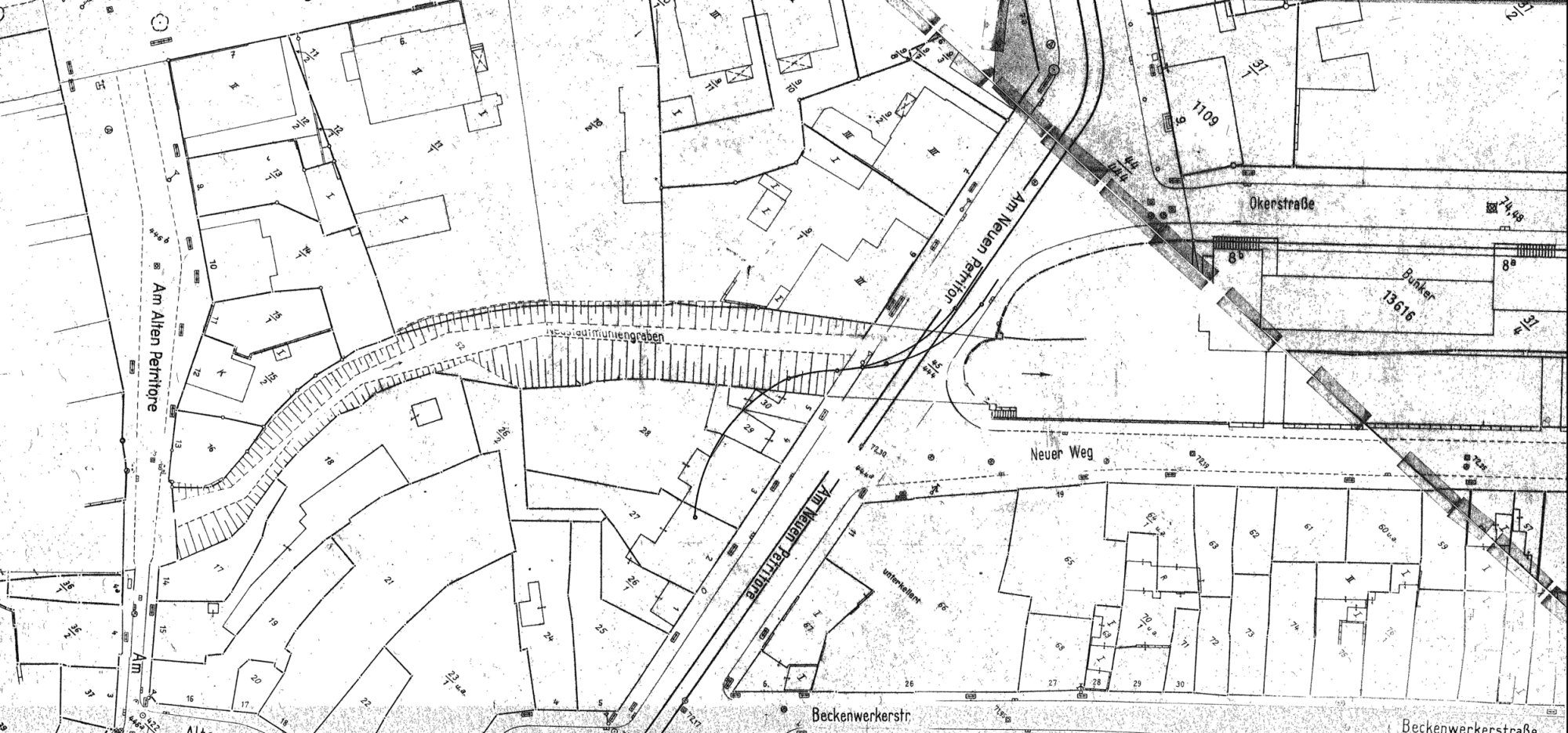 Brücke Neues Petritor, Lageplan mit Straßenbahn, um 1960 (Wird bei Klick vergrößert)