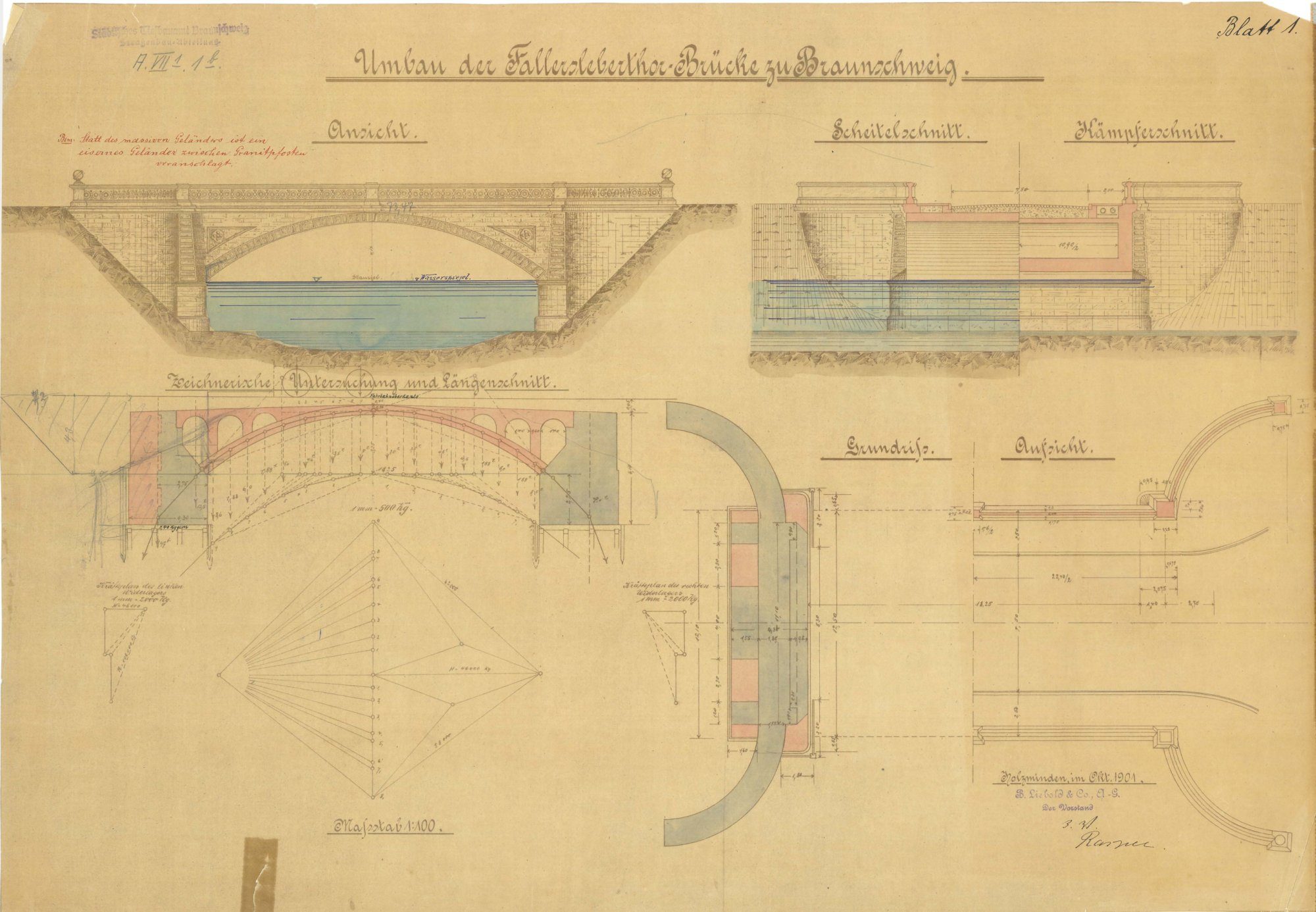 Fallerslebertorbrücke, Entwurf einer Bogenbrücke, 1901 (Wird bei Klick vergrößert)