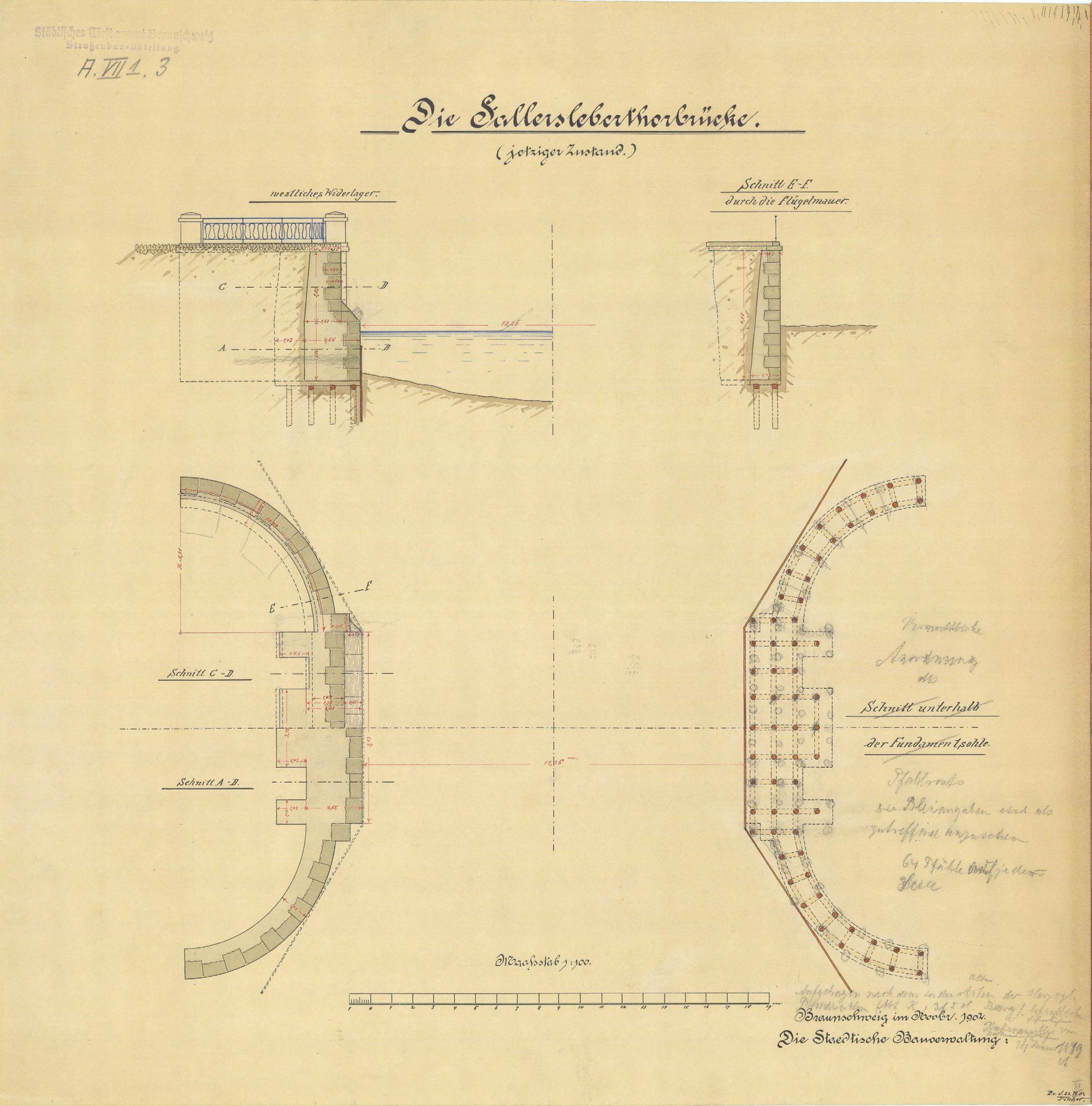 Fallerslebertorbrücke, Bestandsplan der Widerlager, 1902 (Wird bei Klick vergrößert)