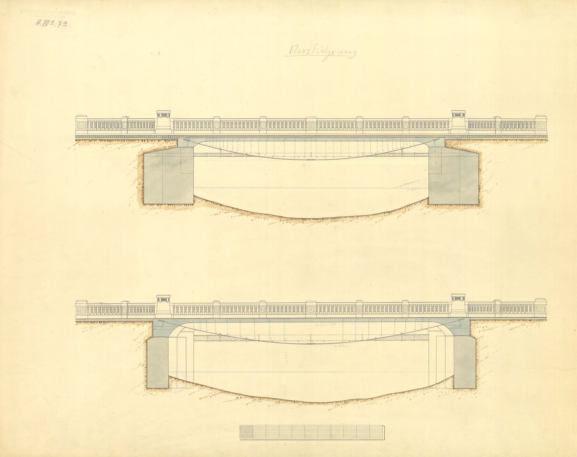 Fallerslebertorbrücke, Ausführungsplan, Ansicht und Längsschnitt, 1904 (Wird bei Klick vergrößert)