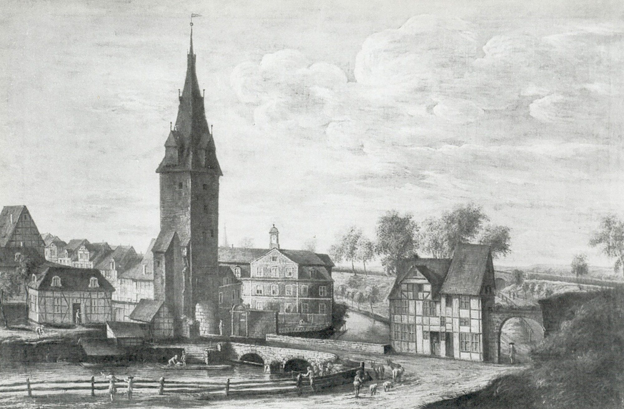 Fallerslebertorbrücke, Südostansicht der inneren Grabenbrücke, 1780 (Wird bei Klick vergrößert)