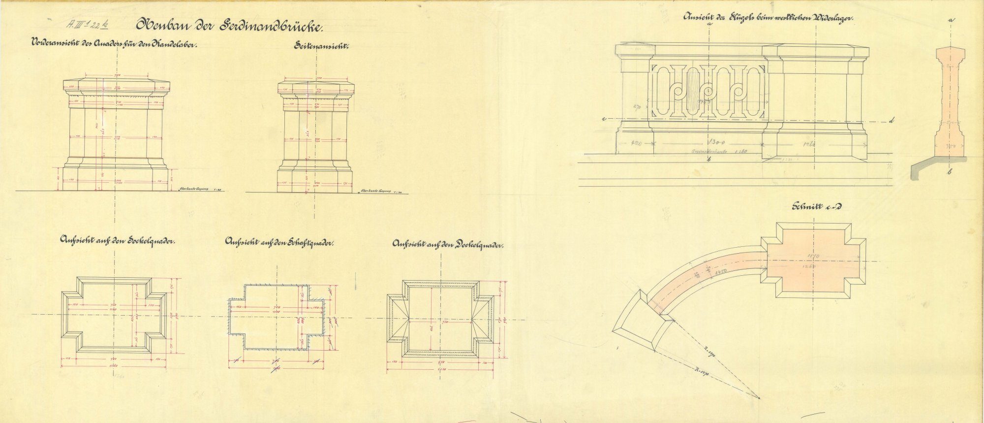 Ferdinandbrücke, Detailzeichnungen der Brüstung, 1900 (Wird bei Klick vergrößert)