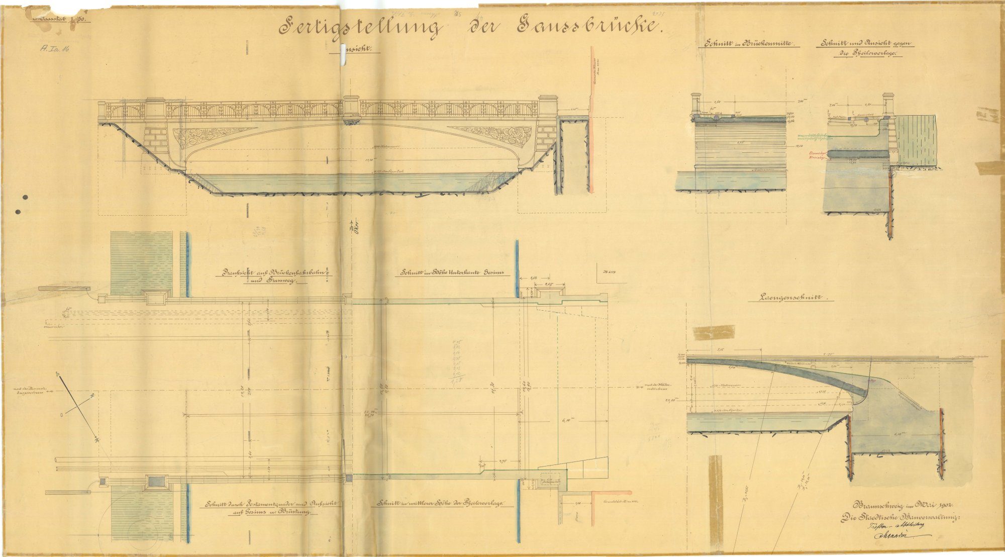 Gaußbrücke, Ausführungsplan, Schnitte, Ansicht und Grundriss, 1902 (Wird bei Klick vergrößert)
