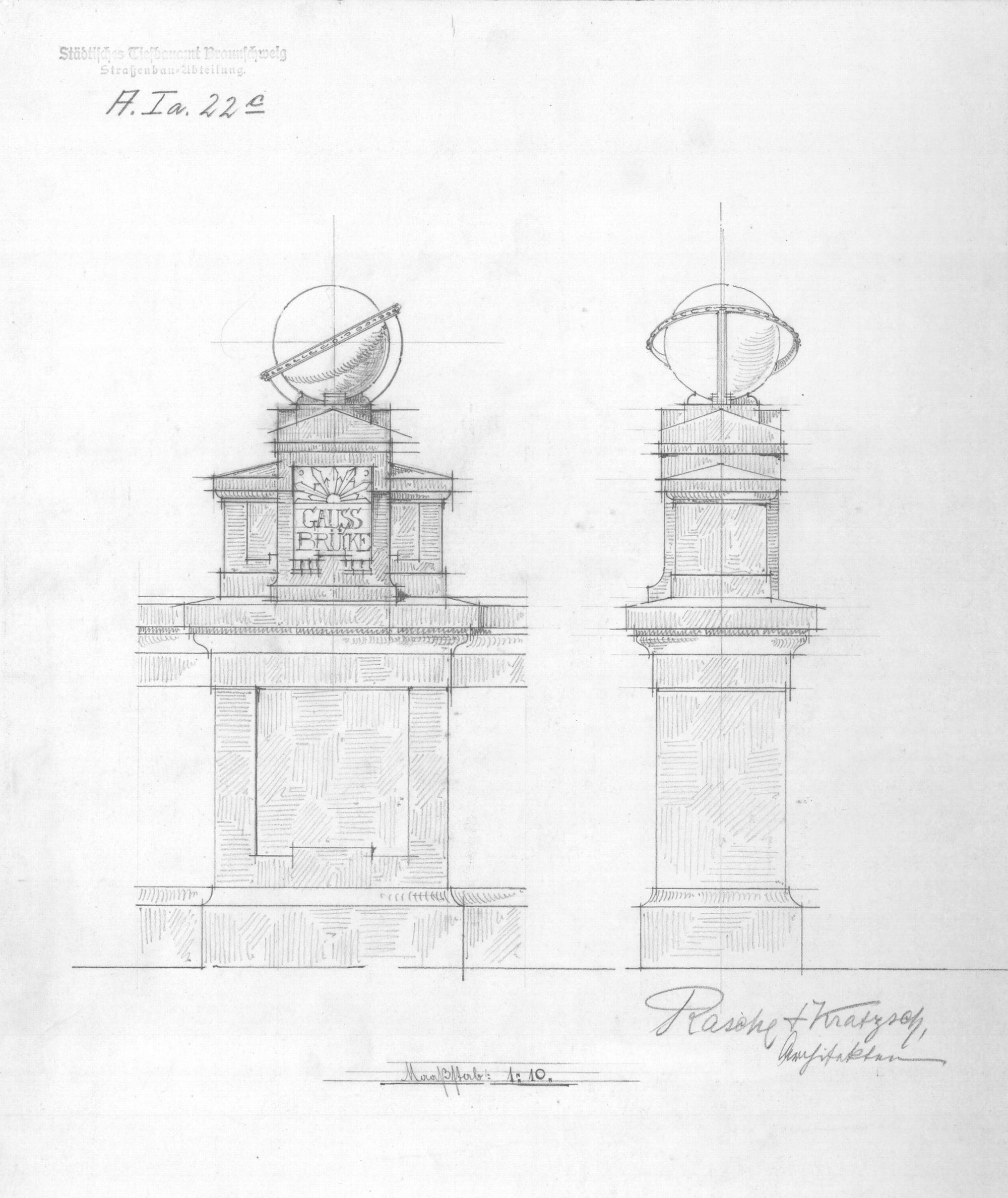 Gaußbrücke, Entwurfszeichnung Postament, 1902 (Wird bei Klick vergrößert)