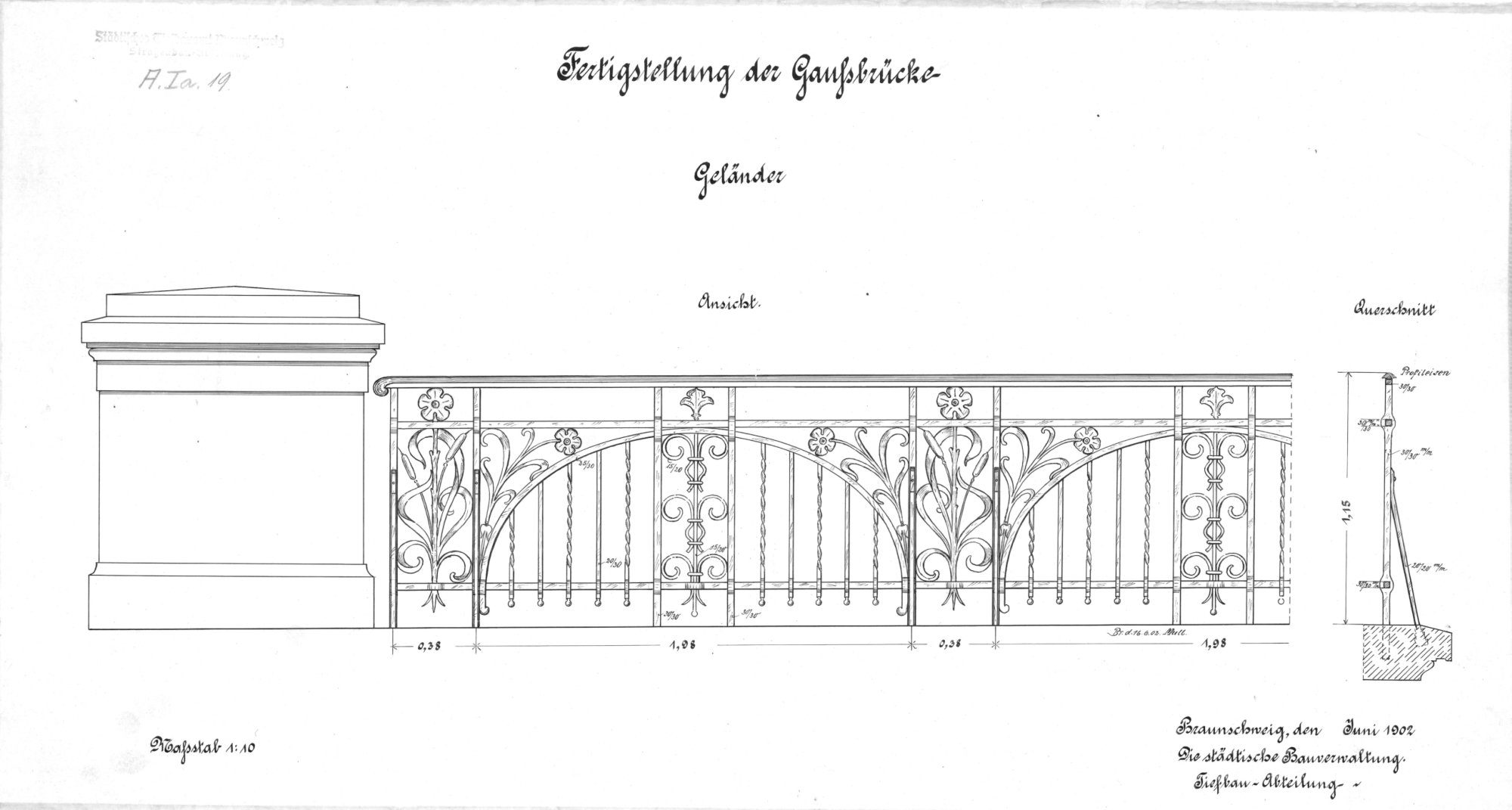 Gaußbrücke, Detailzeichnung Geländer, 1902 (Wird bei Klick vergrößert)