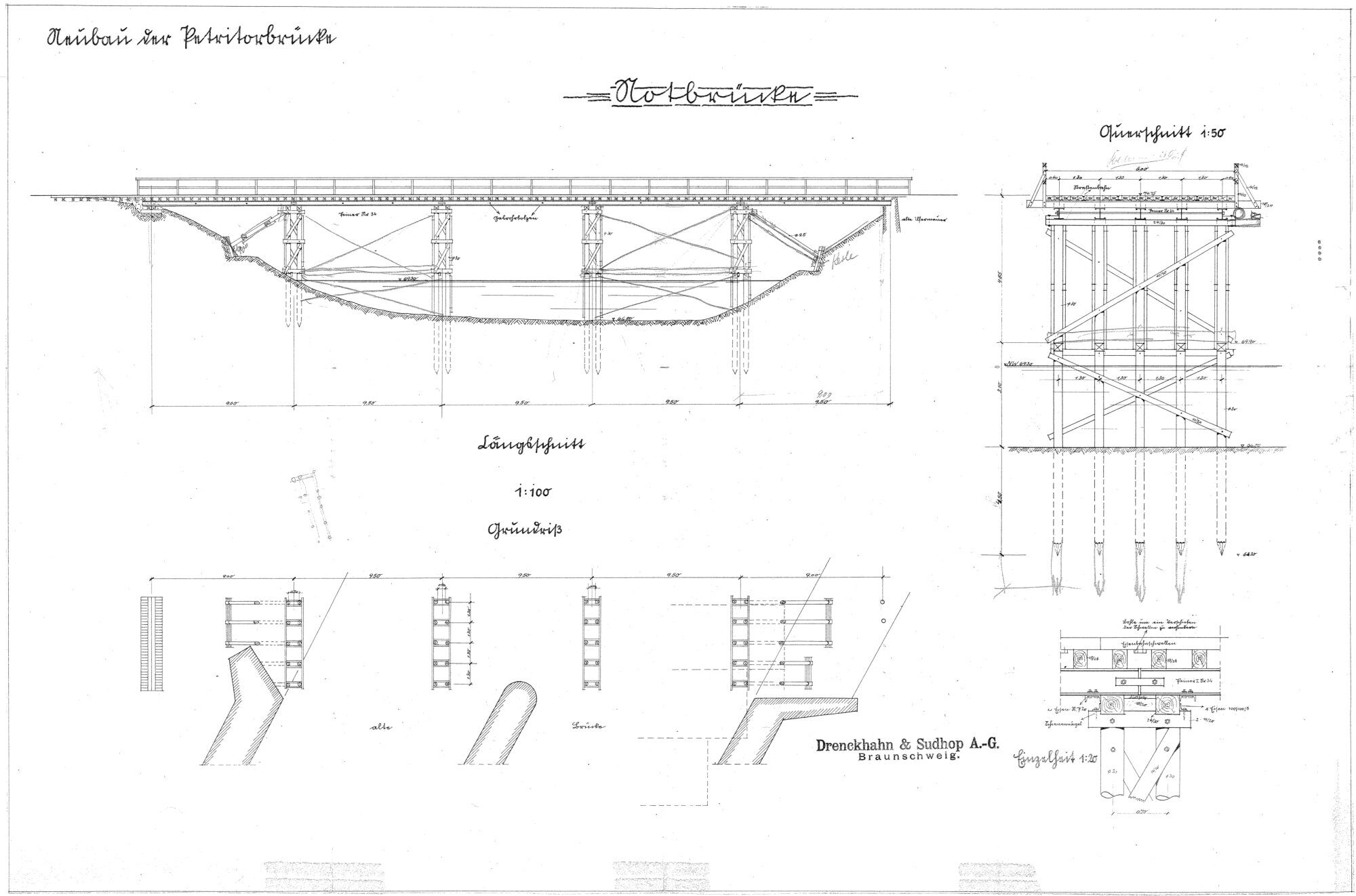 Petritorbrücke, Entwurfszeichnung Notbrücke, um 1928 (Wird bei Klick vergrößert)