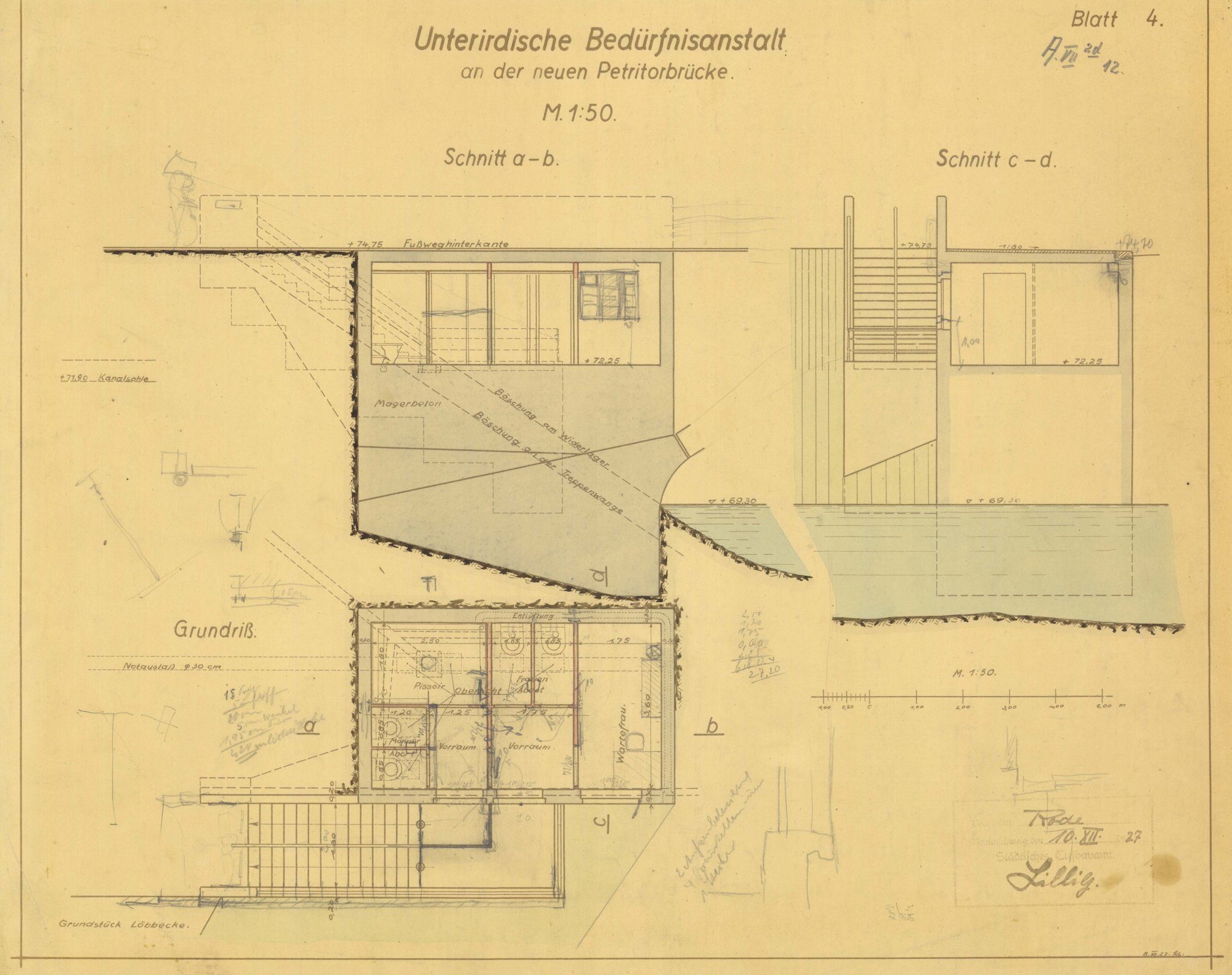 Petritorbrücke, Entwurf für integrierte Bedürfnisanstalt, 1927 (Wird bei Klick vergrößert)