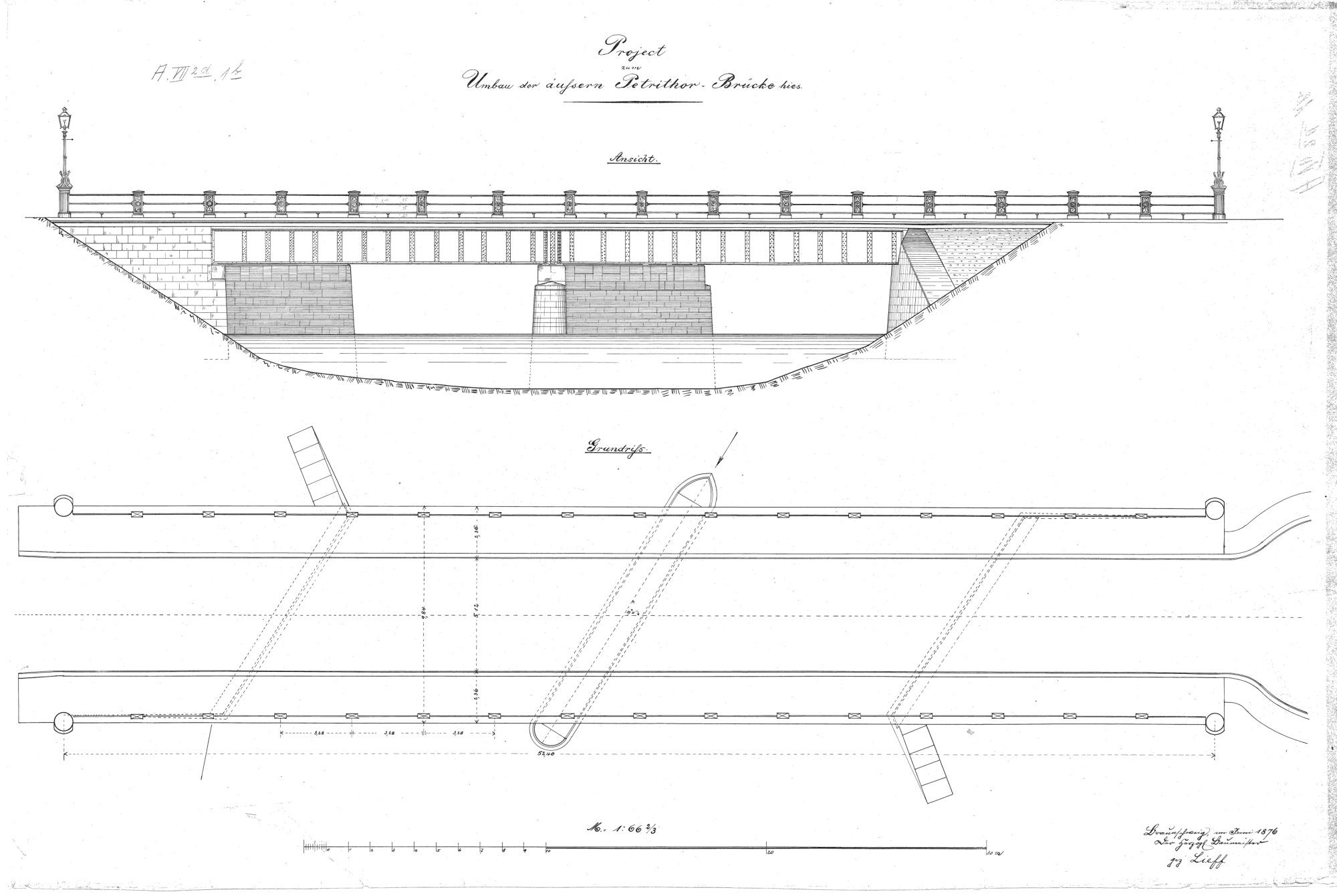 Petritorbrücke, Ausführungsplan, Grundriss und Ansicht, 1876 (Wird bei Klick vergrößert)