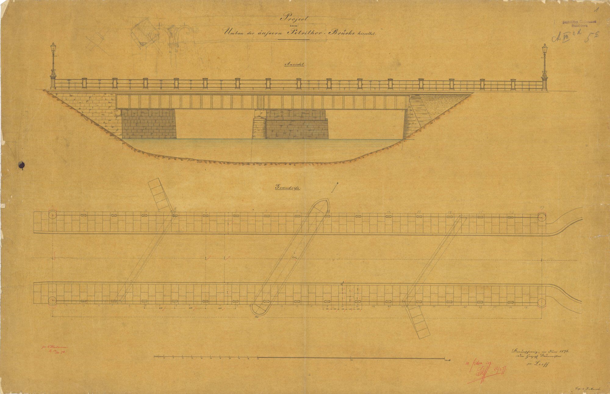 Petritorbrücke, Ausführungsplan, Grundriss und Ansicht, 1876 (Wird bei Klick vergrößert)