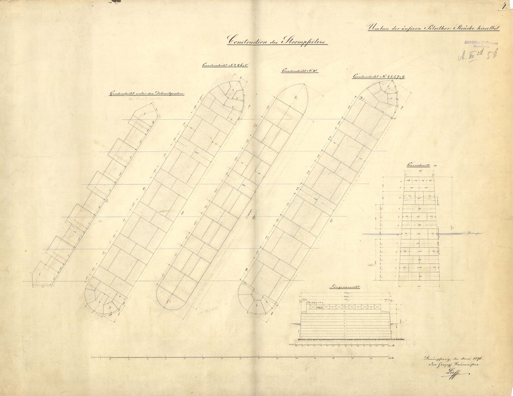 Petritorbrücke, Grundrisse Mittelpfeiler 1876 (Wird bei Klick vergrößert)