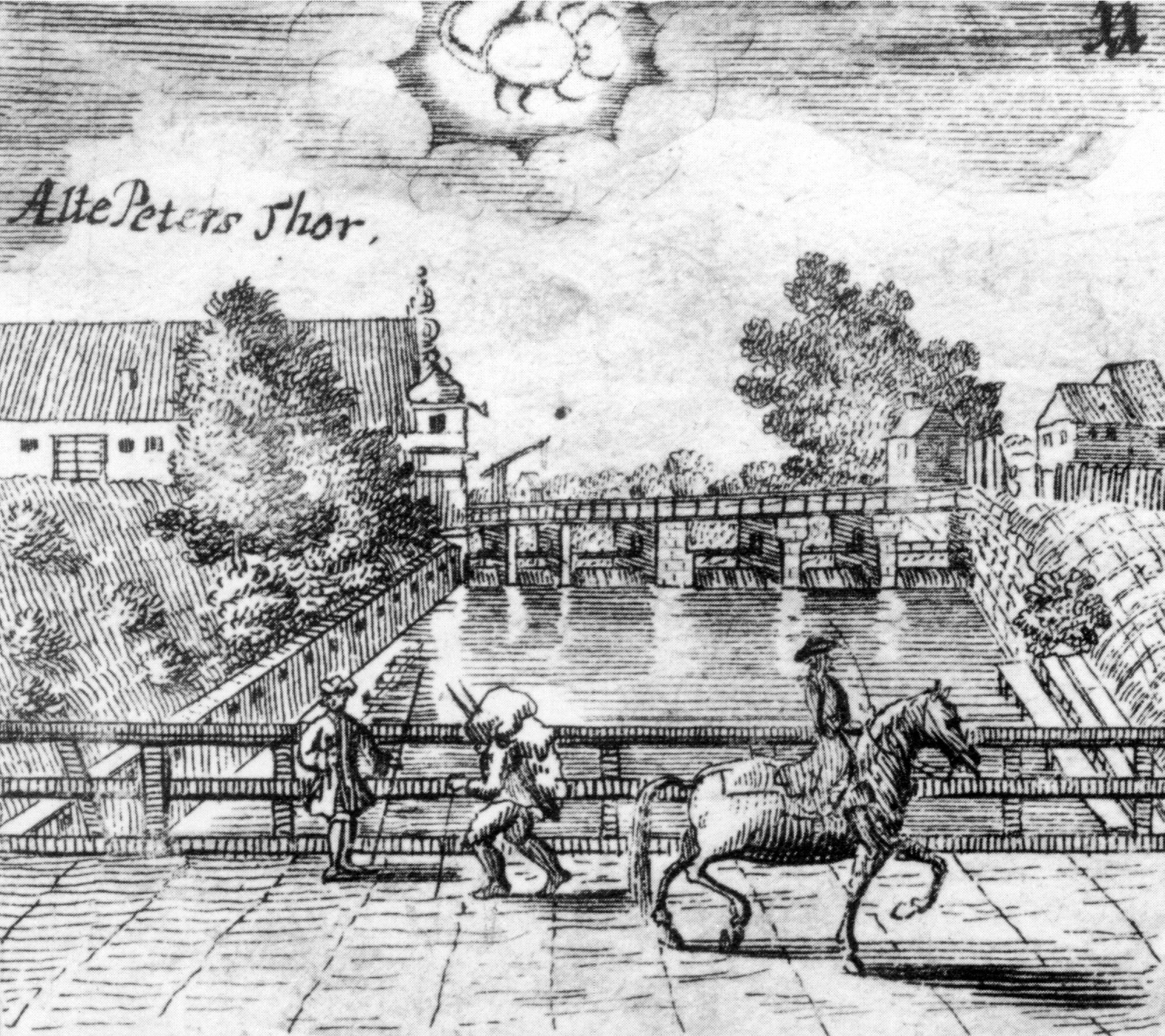 Petritorbrücke, Nordansicht Altes Petritor, 1716 (Wird bei Klick vergrößert)