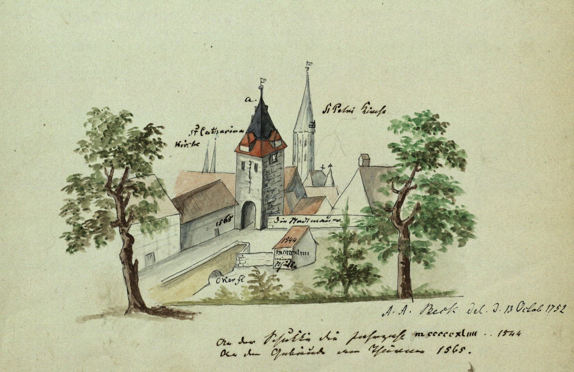 Petritorbrücke, Westansicht Altes Petritor, 1752 (Wird bei Klick vergrößert)