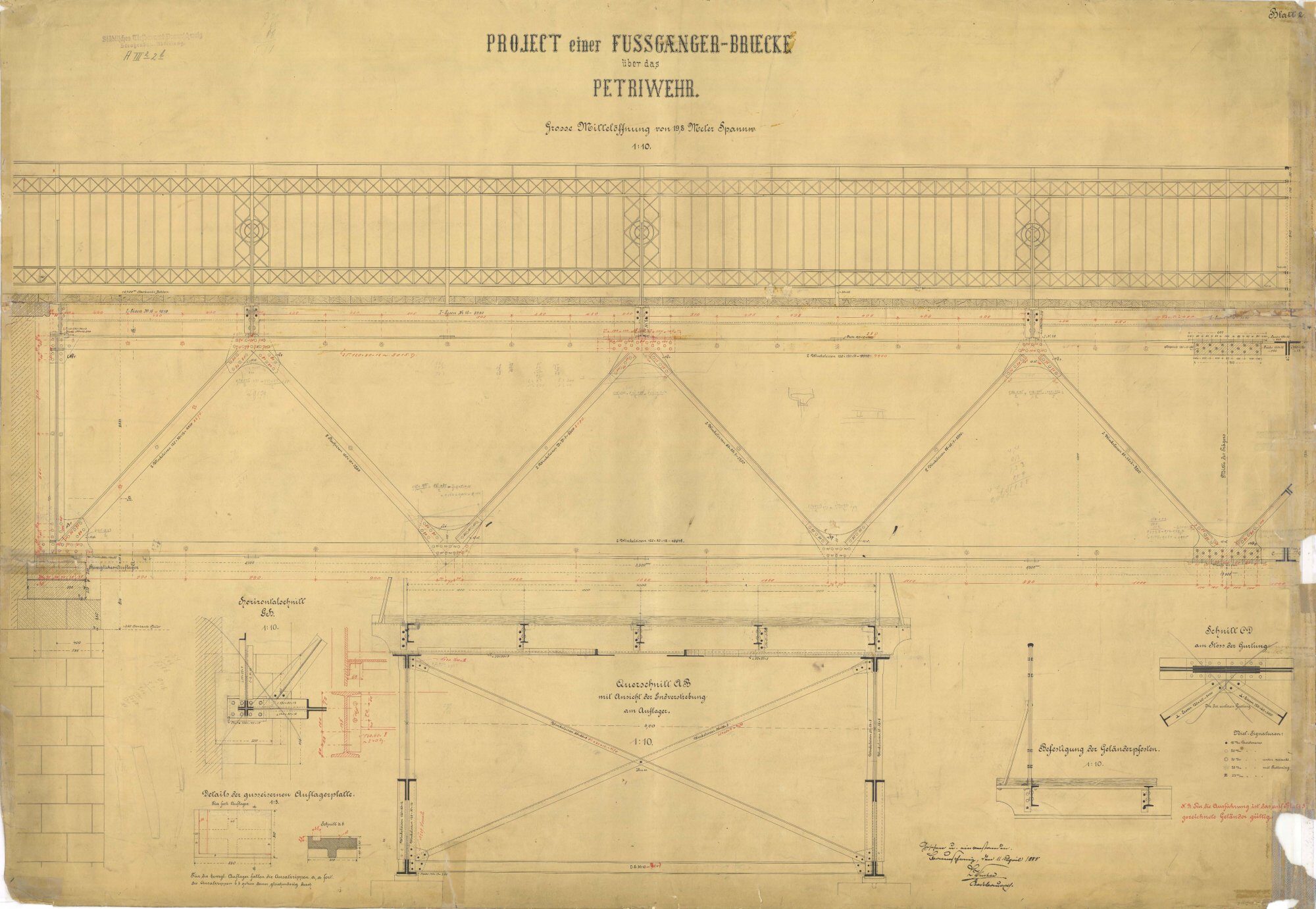 Petriwehrbrücke, Ausführungsplan Mittelöffnung, 1888 (Wird bei Klick vergrößert)