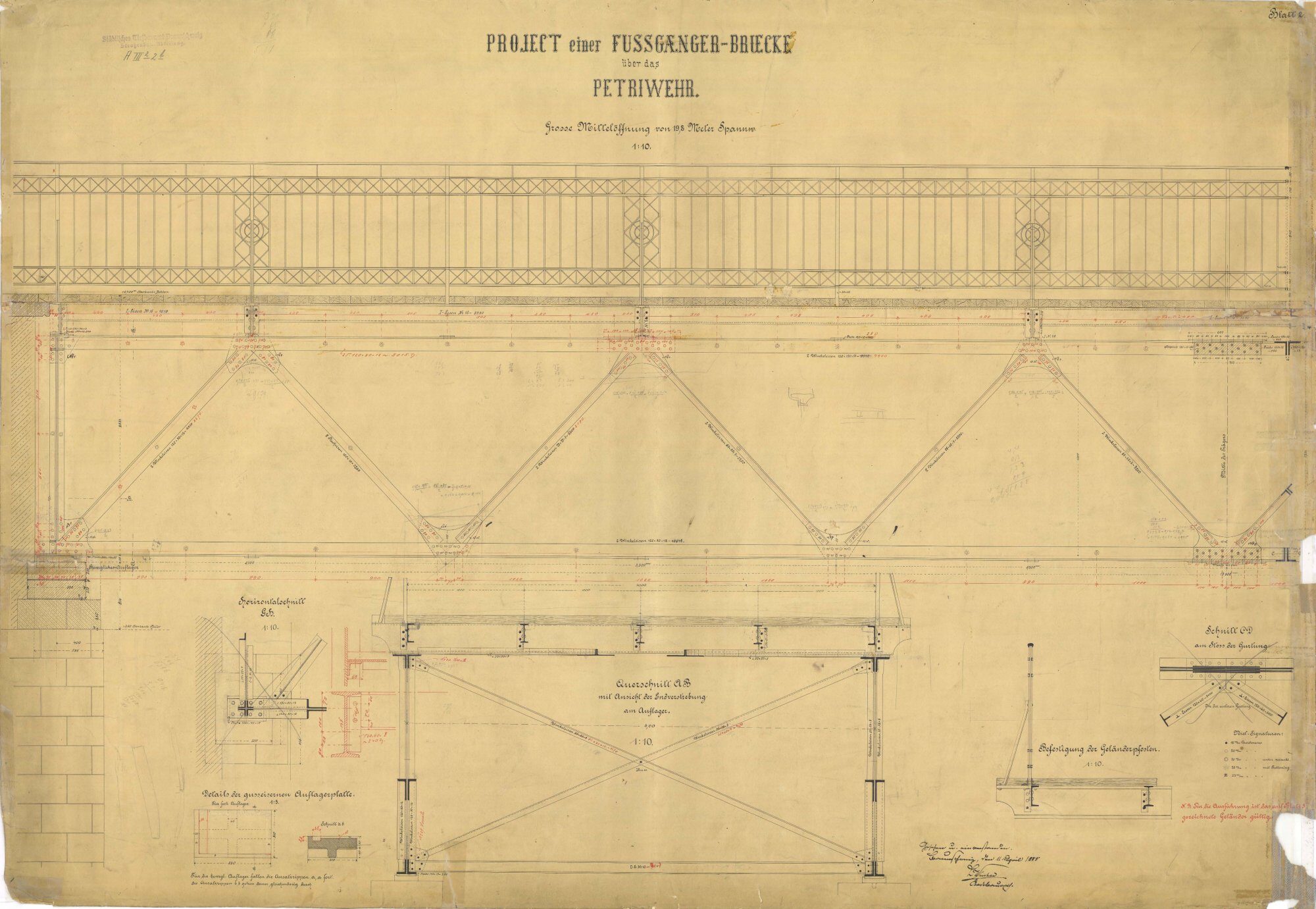 Petriwehrbrücke, Ausführungsplan Mittelöffnung, 1888 (Wird bei Klick vergrößert)