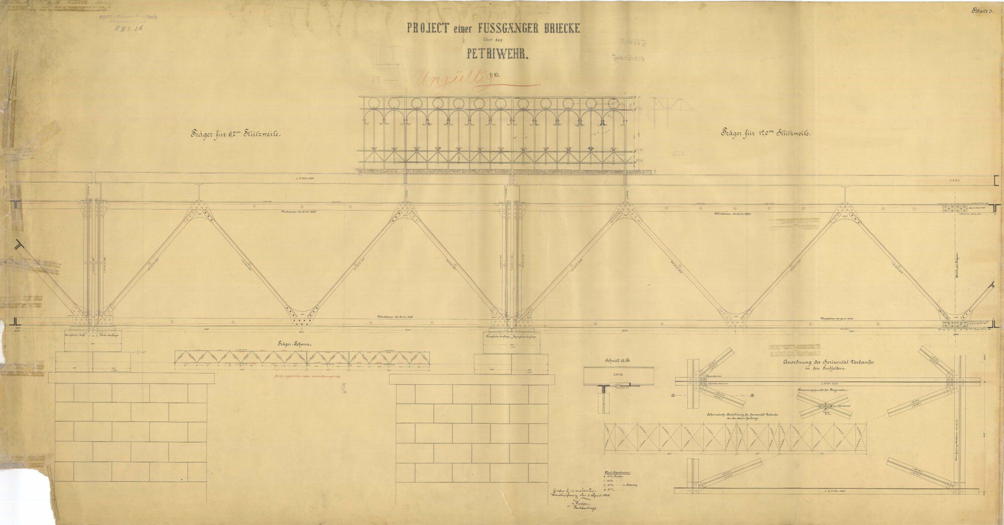 Petriwehrbrücke, Ausführungsplan Träger, 1888 (Wird bei Klick vergrößert)