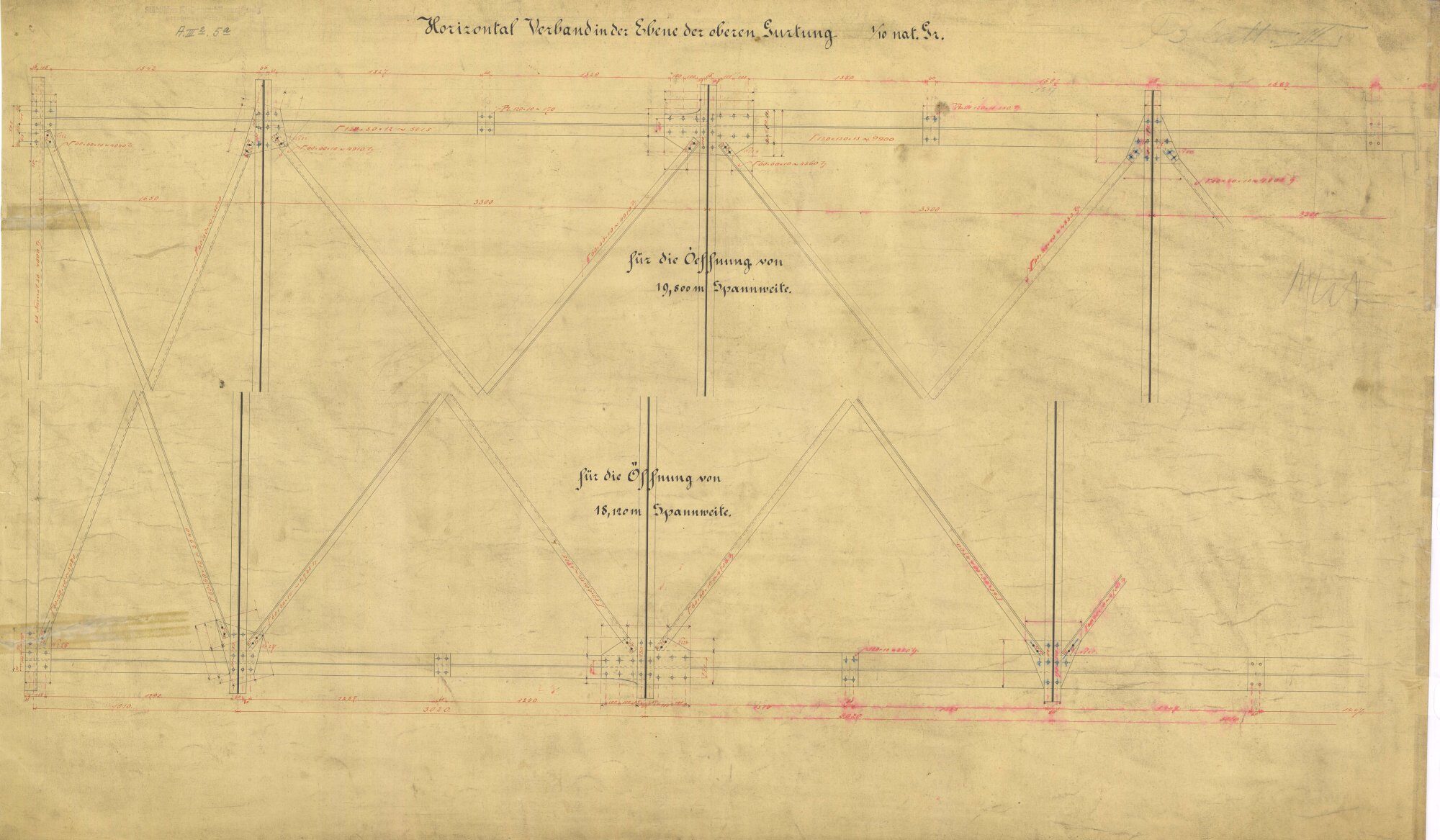 Petriwehrbrücke, Detailzeichnung Horizontalverband, 1888 (Wird bei Klick vergrößert)