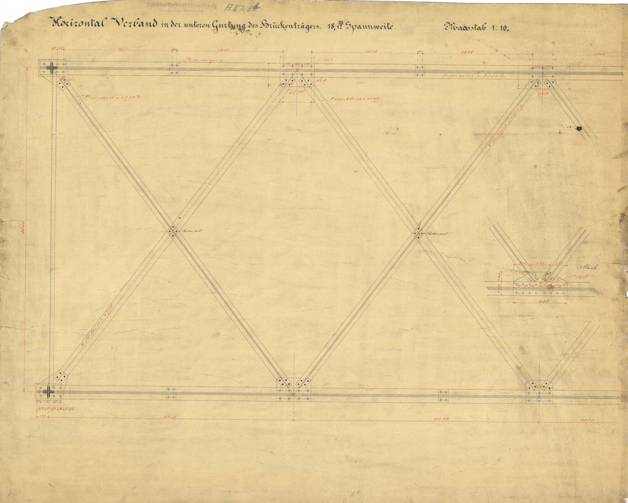 Petriwehrbrücke, Detailzeichnung Horizontalverband, 1888 (Wird bei Klick vergrößert)