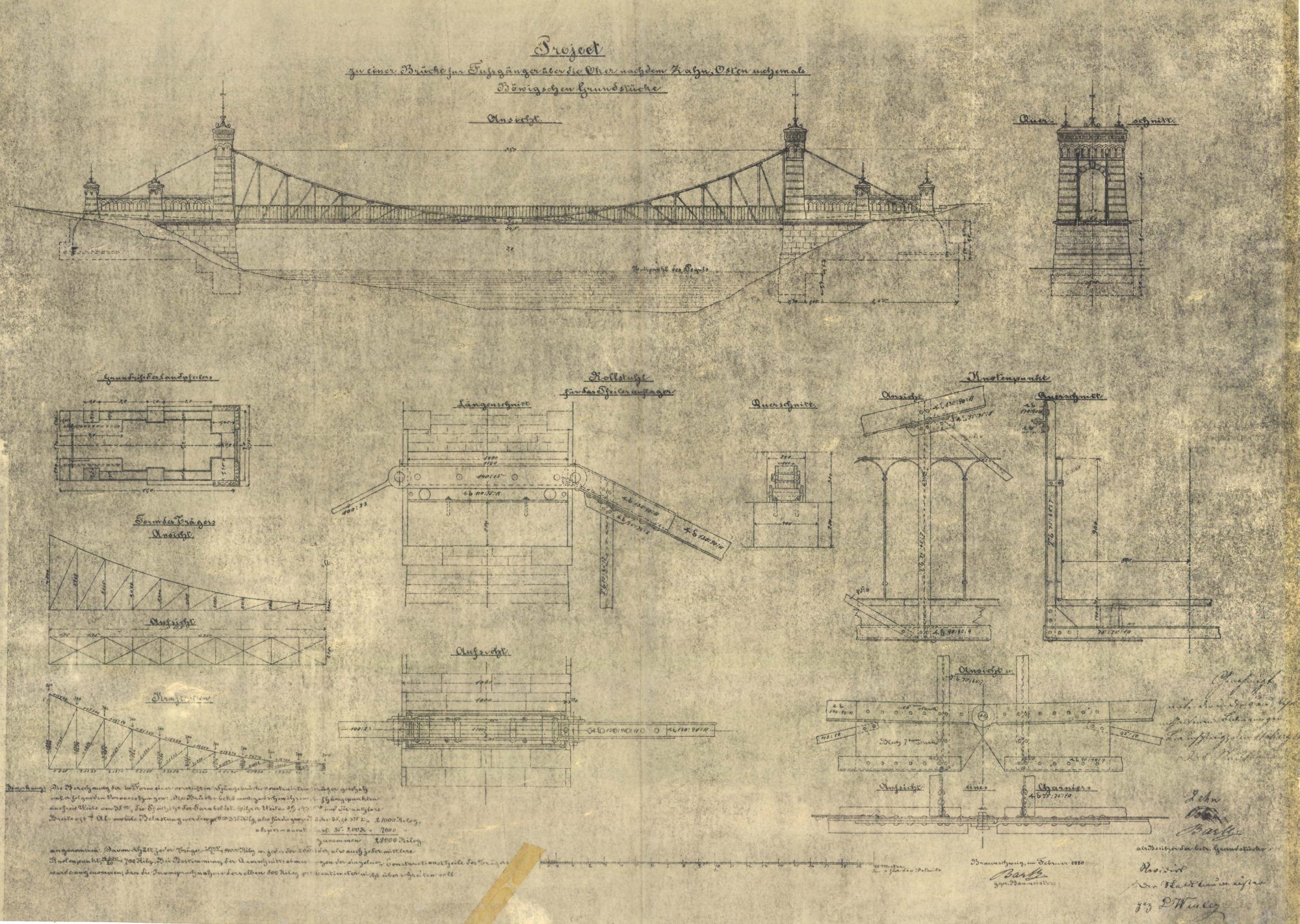 Rosentalbrücke, Ausführungsplan, Ansicht, Längsschnitt und Detail, 1880 (Wird bei Klick vergrößert)