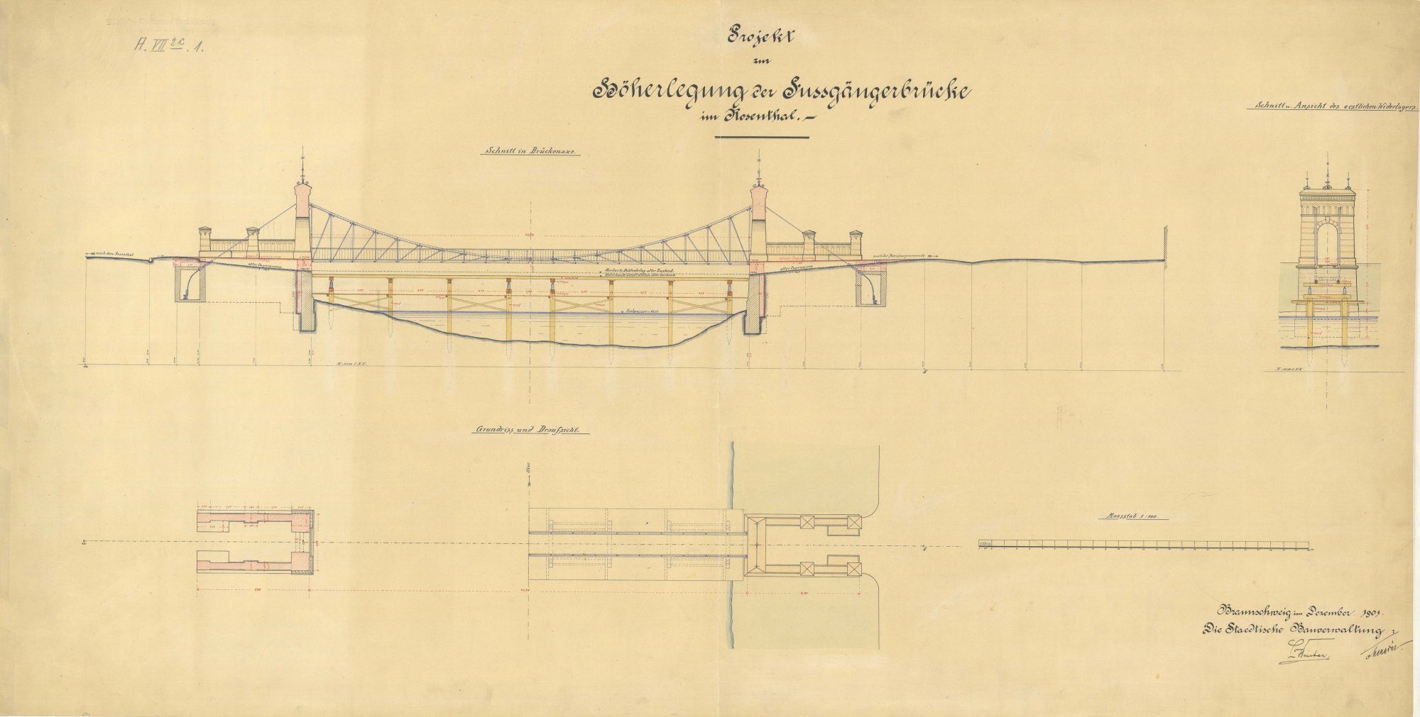 Rosentalbrücke, Projekt zur Höherlegung (nicht ausgeführt), 1901 (Wird bei Klick vergrößert)