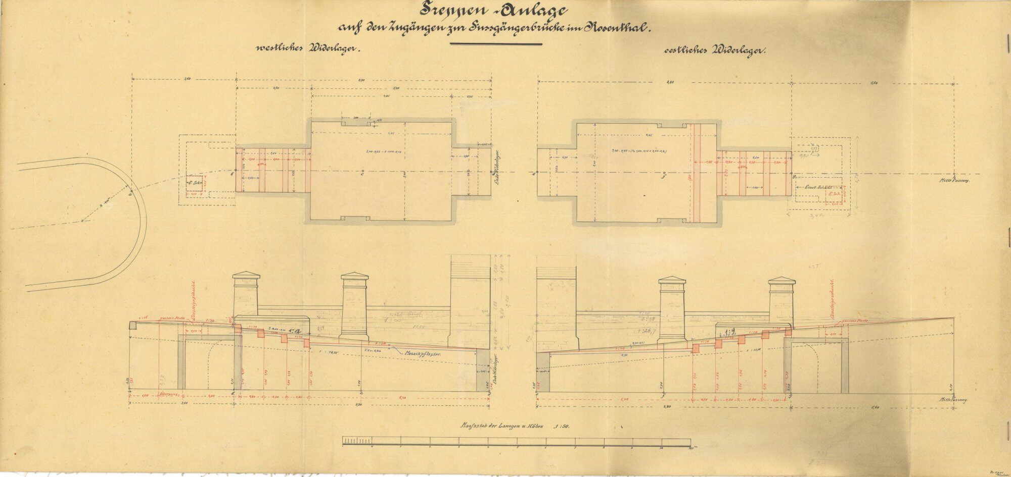 Rosentalbrücke, Umbauplan für Treppenstufen an den Brückenköpfen, 1901 (Wird bei Klick vergrößert)