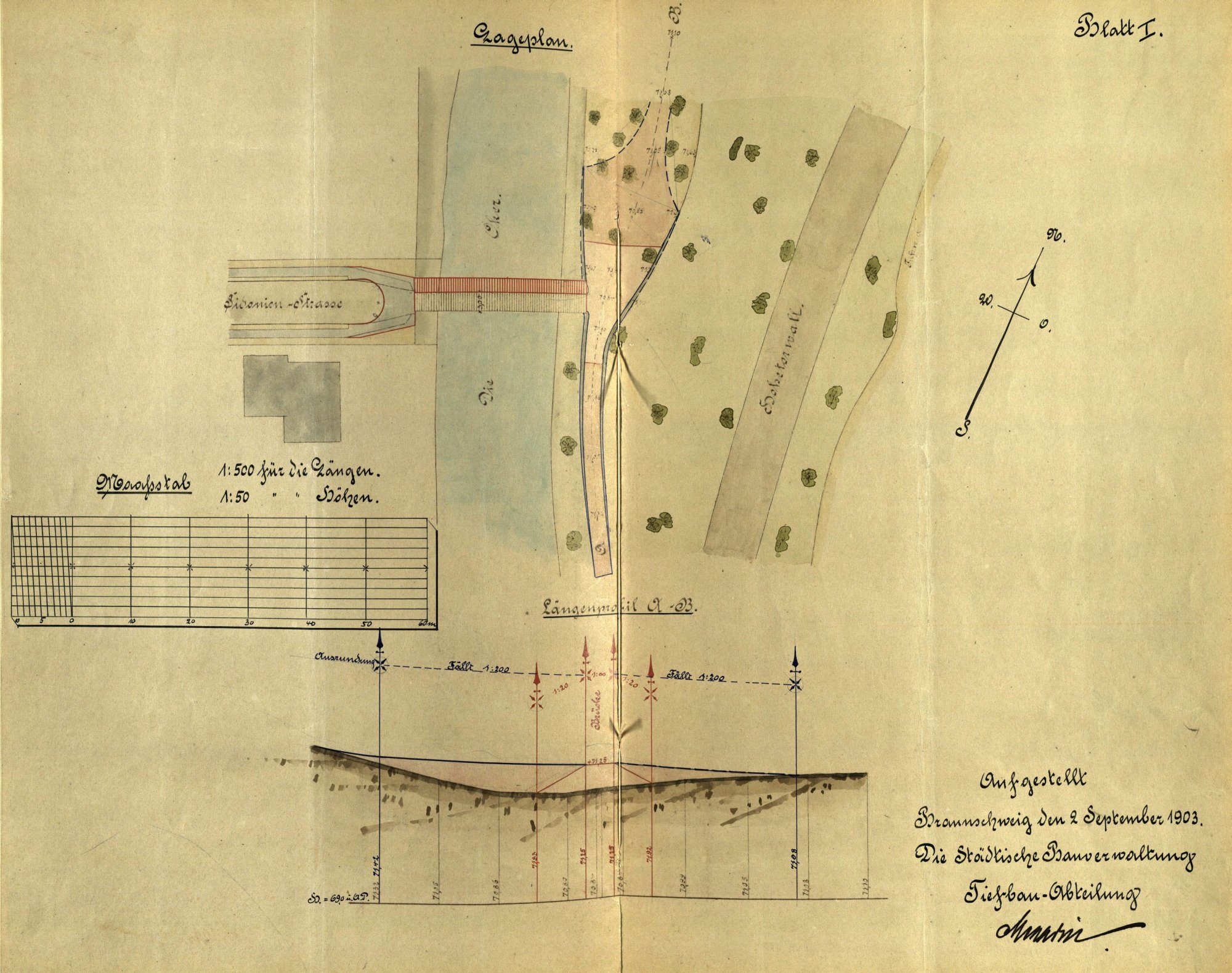 Sidonienbrücke, Lageplan, 1903 (Wird bei Klick vergrößert)