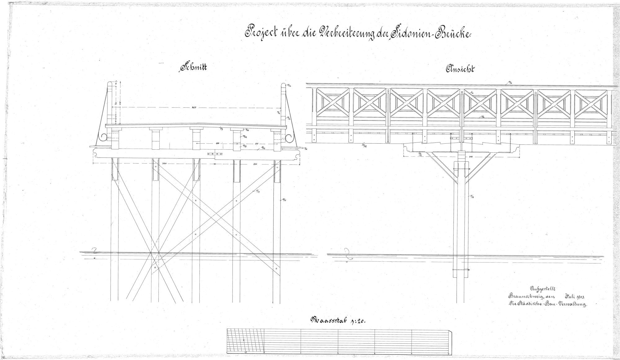Sidonienbrücke, Entwurfszeichnung, Schnitt und Teilansicht, 1903 (Wird bei Klick vergrößert)