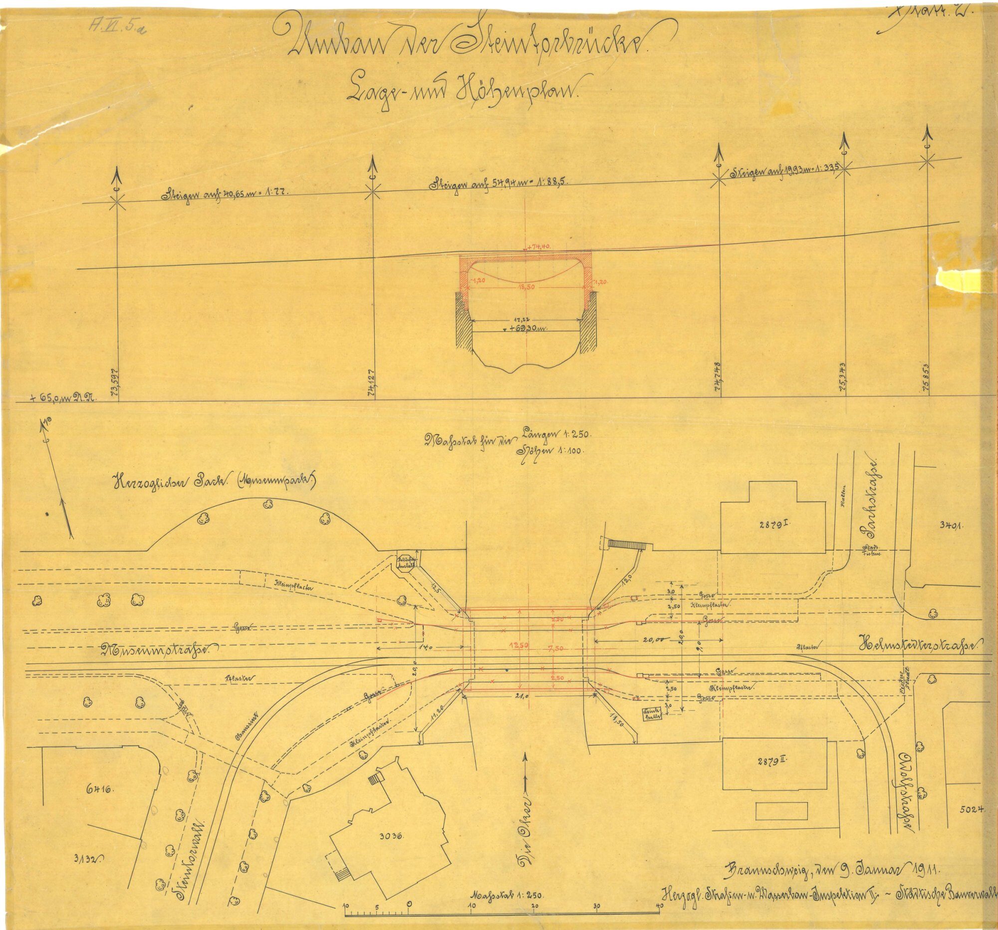 Steintorbrücke, Lage- und Höhenplan, 1911 (Wird bei Klick vergrößert)