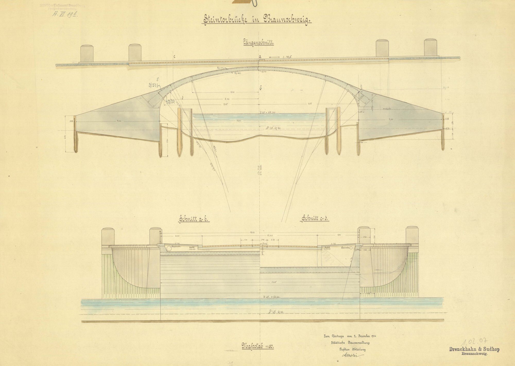 Steintorbrücke, Längsschnitt und Querschnitte a-b und c-d, 1914 (Wird bei Klick vergrößert)