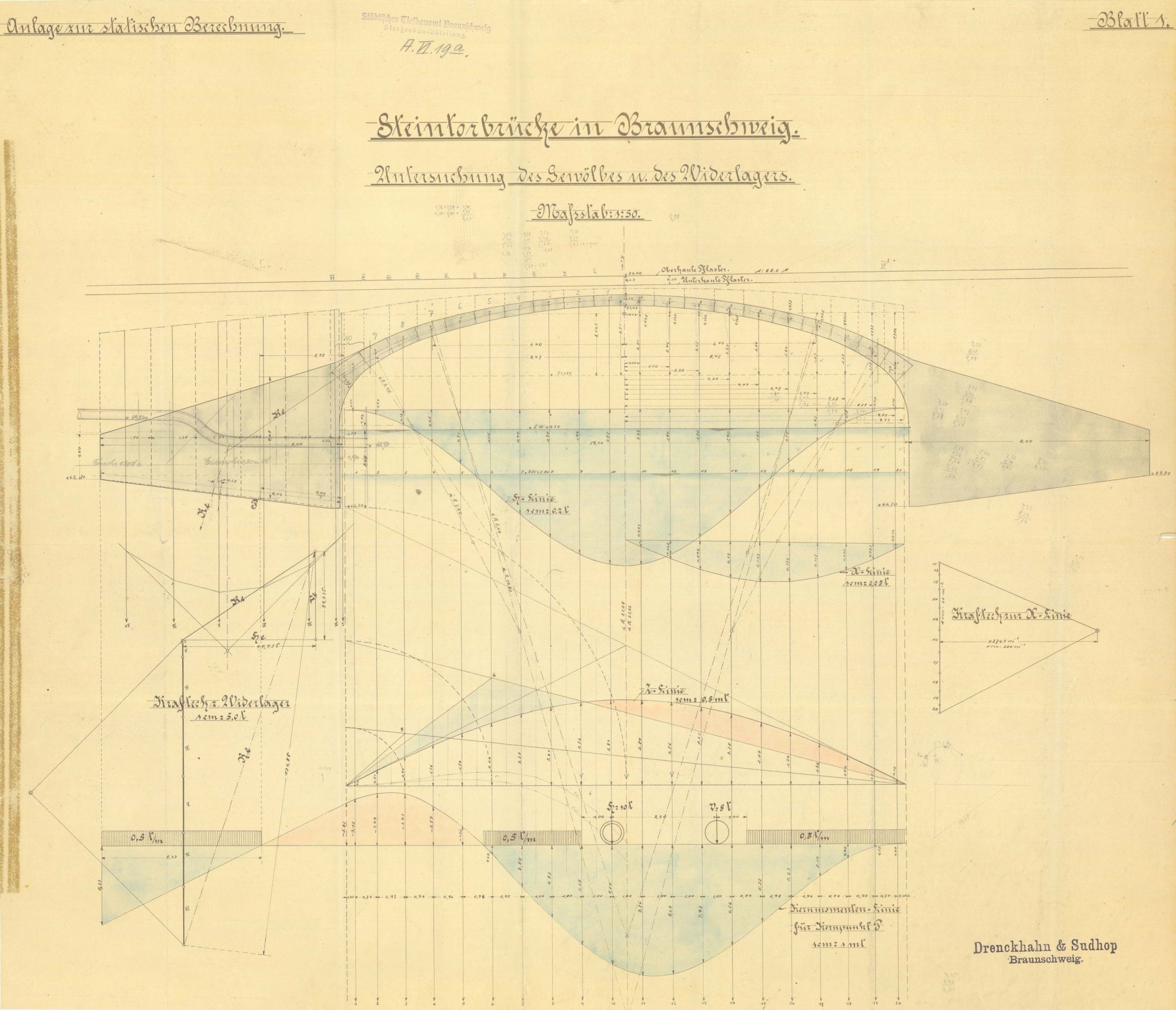 Steintorbrücke, Plan für die Statik, 1914 (Wird bei Klick vergrößert)