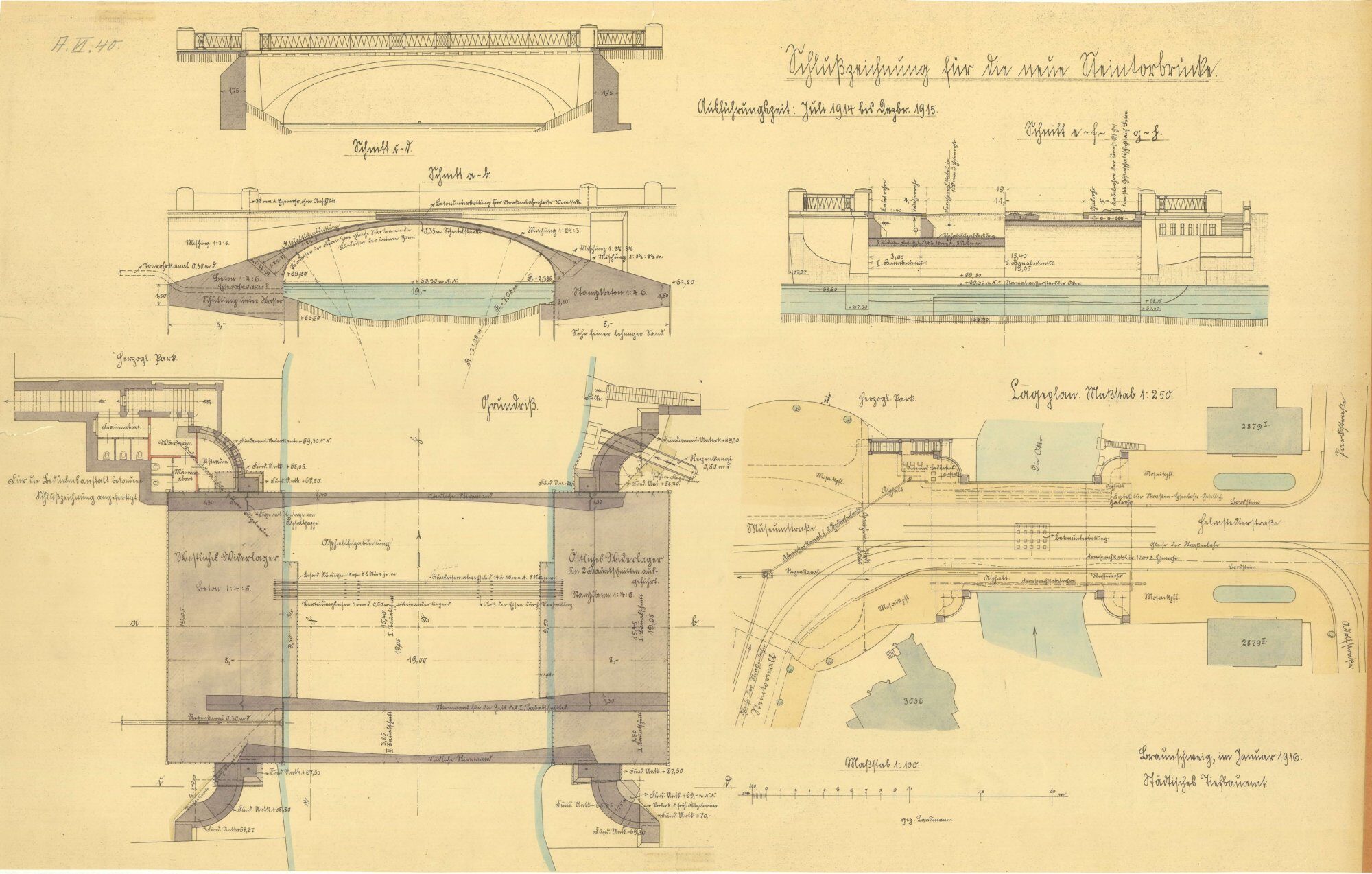 Steintorbrücke, Lageplan mit Grundriss und Schnitten, 1916 (Wird bei Klick vergrößert)