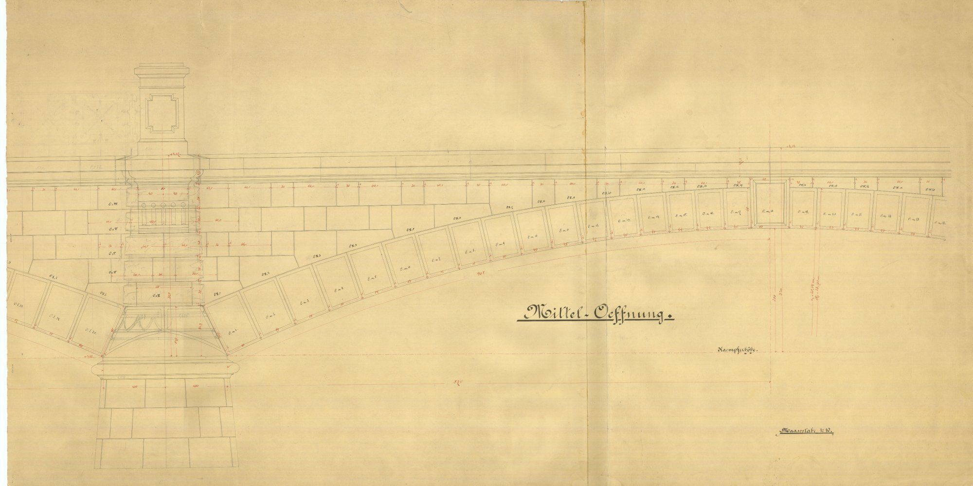 Wendenringbrücke, Ausführungsplan, mittlere Bogenöffnung, 1889 (Wird bei Klick vergrößert)