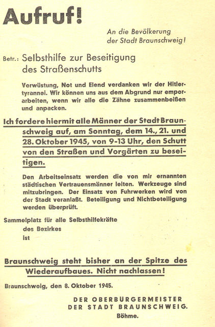 Aufruf des Oberbürgermeisters zur Trümmerräumung 1945 (Wird bei Klick vergrößert)