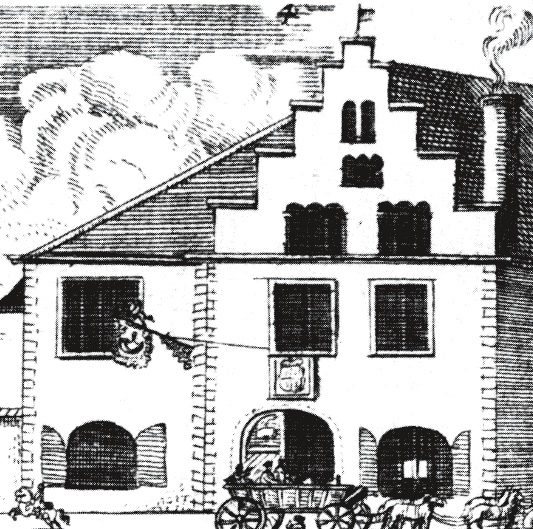 Braunschweig, Breite Straße 19, Steingiebelhaus mit Stufengiebel und rückwärtiger Kemenate, Darstellung von Johann Georg Beck, 1720. (Wird bei Klick vergrößert)