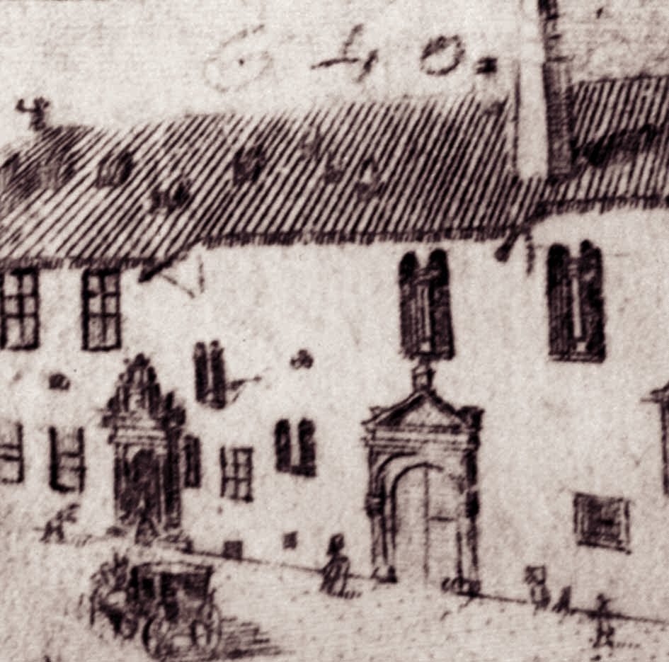 Braunschweig, Haus an der Heydenstraße, Darstellung von Johann Georg Beck, 1714. Das erhalten gebliebene, ca. 45 m lange Steinhaus mit integrierter Kemenate zeigte im 18. Jahrhundert noch mittelalterliche Fenster.