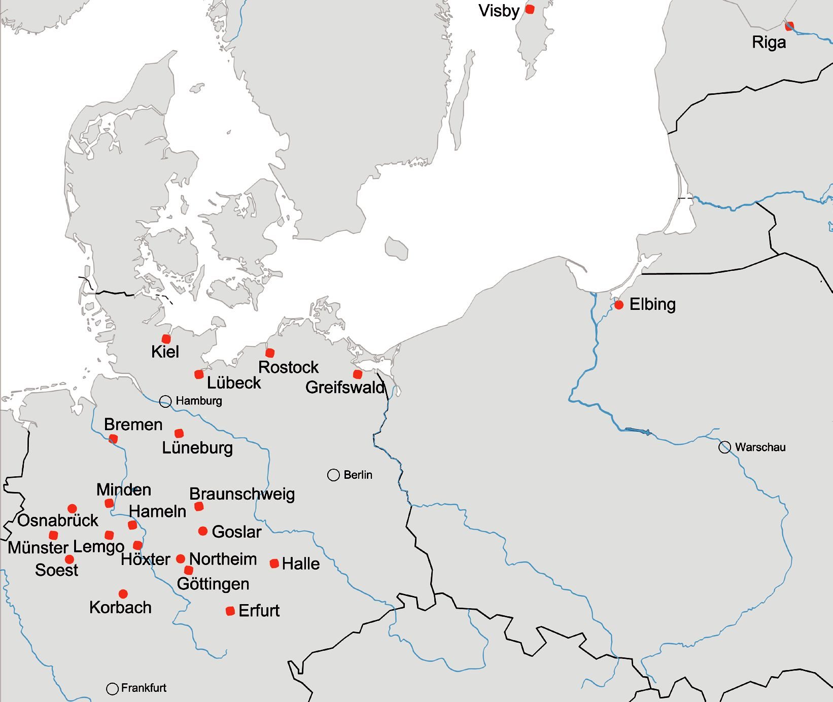 Übersichtskarte Nord- und Ostmitteleuropa: Verbreitung von Steinwerken und Kemenaten mit Auswahl wichtiger und gut dokumentierter Orte. (Zoom on click)