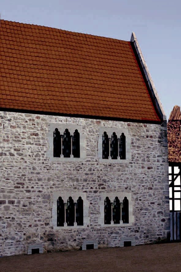Jakob-Kemenate, Rekonstruktionsversuch der Westfassade mit Drillingsfenstern von 1250.