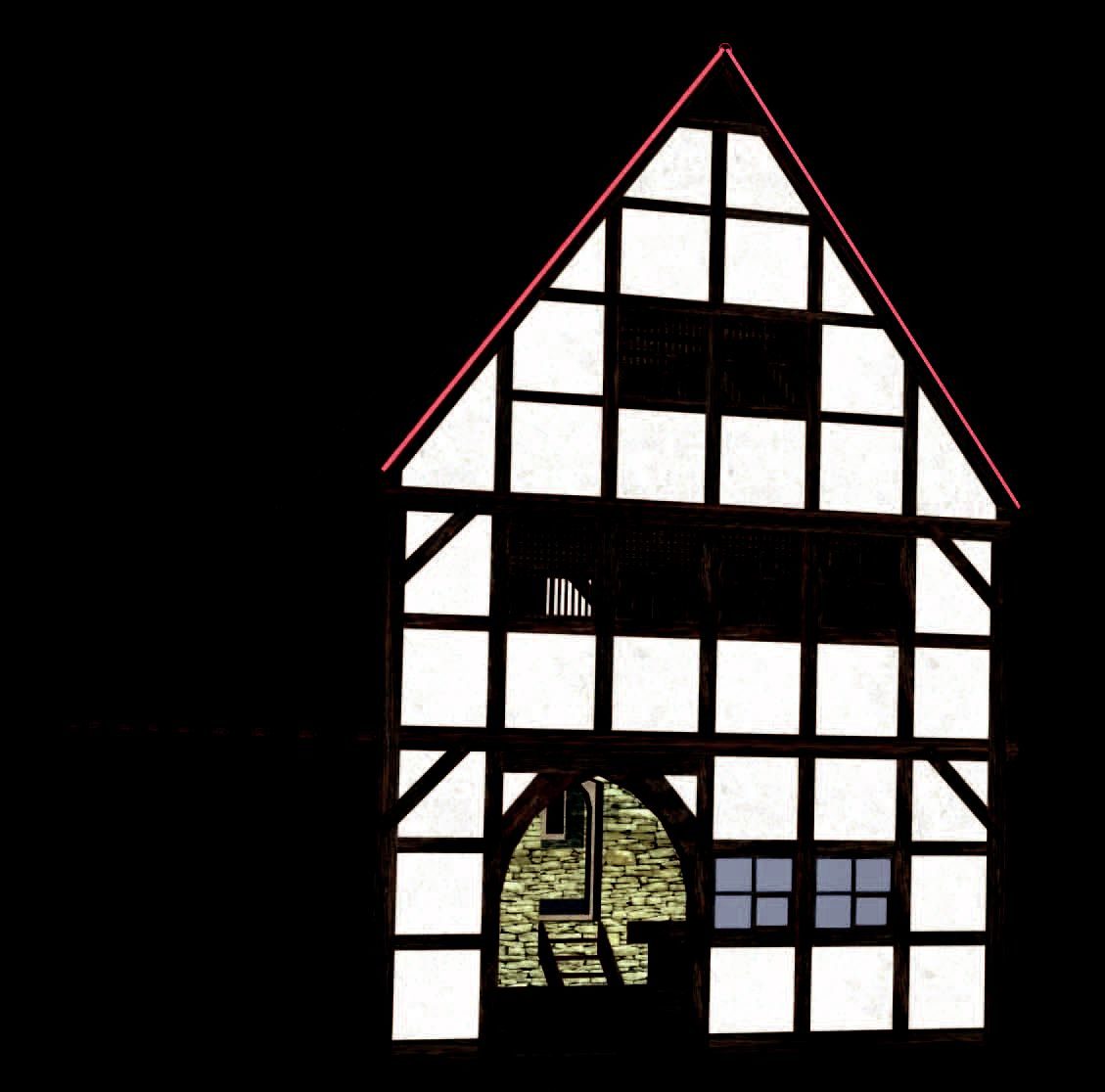 Braunschweig, Echternstraße 25, Rekonstruktionsversuch eines zweigeschossigen Giebelhauses aus dem späten 13. Jahrhundert nach den Grabungsbefunden. Über dem Keller ist ein massiv ummauerter Wohnraum, eine Steinkammer, rekonstruiert. (Wird bei Klick vergrößert)