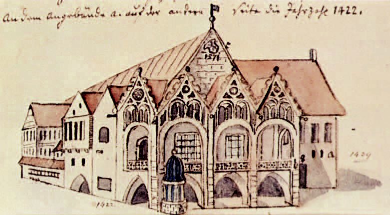 Auch das Neustadtrathaus war vor dem klassizistischen Umbau mit einer dreiteiligen Laube nach dem Vorbild des Altstadtrathauses ausgestattet. Darstellung von Anton August Beck. (Wird bei Klick vergrößert)