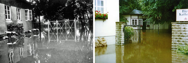 Kaffeegarten des Gliesmaroder Turms: Hochwasser 1956 und Hochwasser 2002 (Wird bei Klick vergrößert)