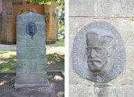 Zwei Fotos: links Steinsäule mit der Plakette für Ludwig Lüders, rechts Ausschnitt mit der Plakette für Ludwig Lüders (Wird bei Klick vergrößert)
