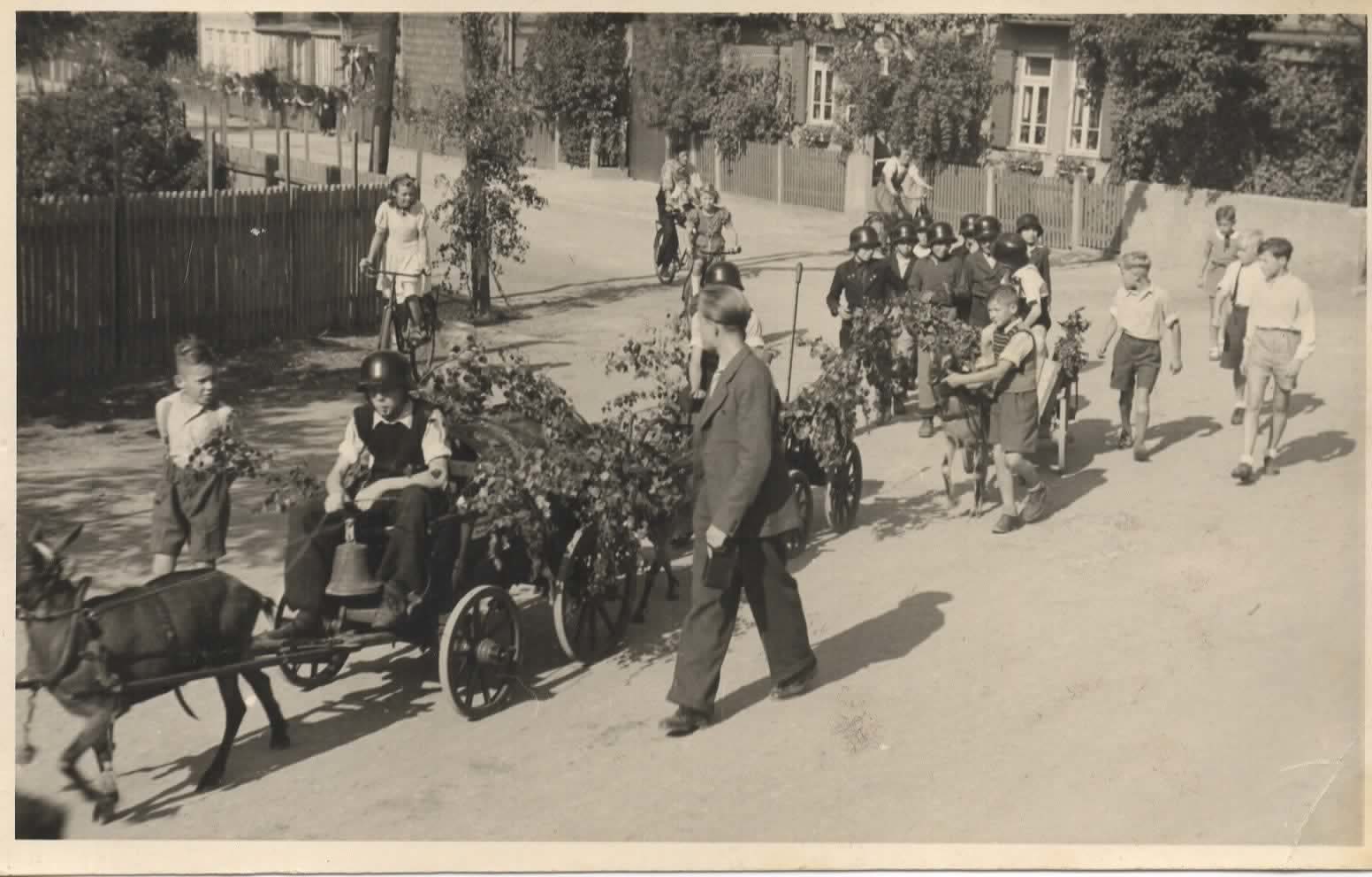 Dorfumzug mit Ziegengespannen 1949 (Wird bei Klick vergrößert)