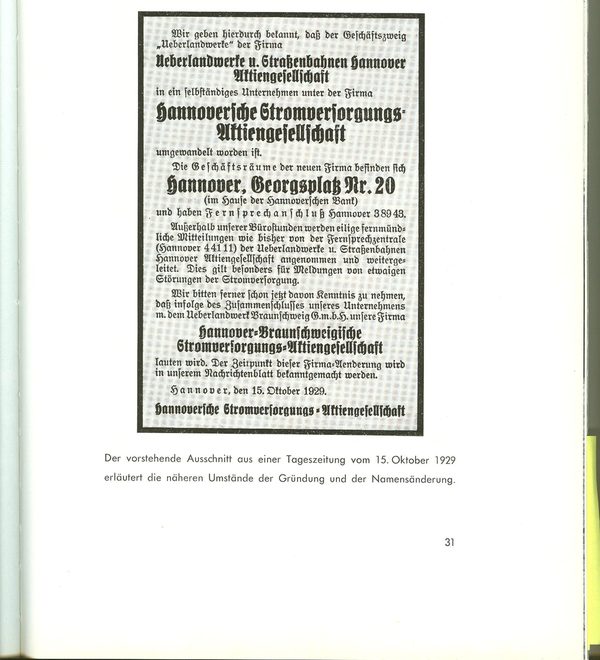 Ankündigung in der Zeitung: Gründung der Hastra als Hannover-Braunschweigische Stromversorgungs- AG (Wird bei Klick vergrößert)