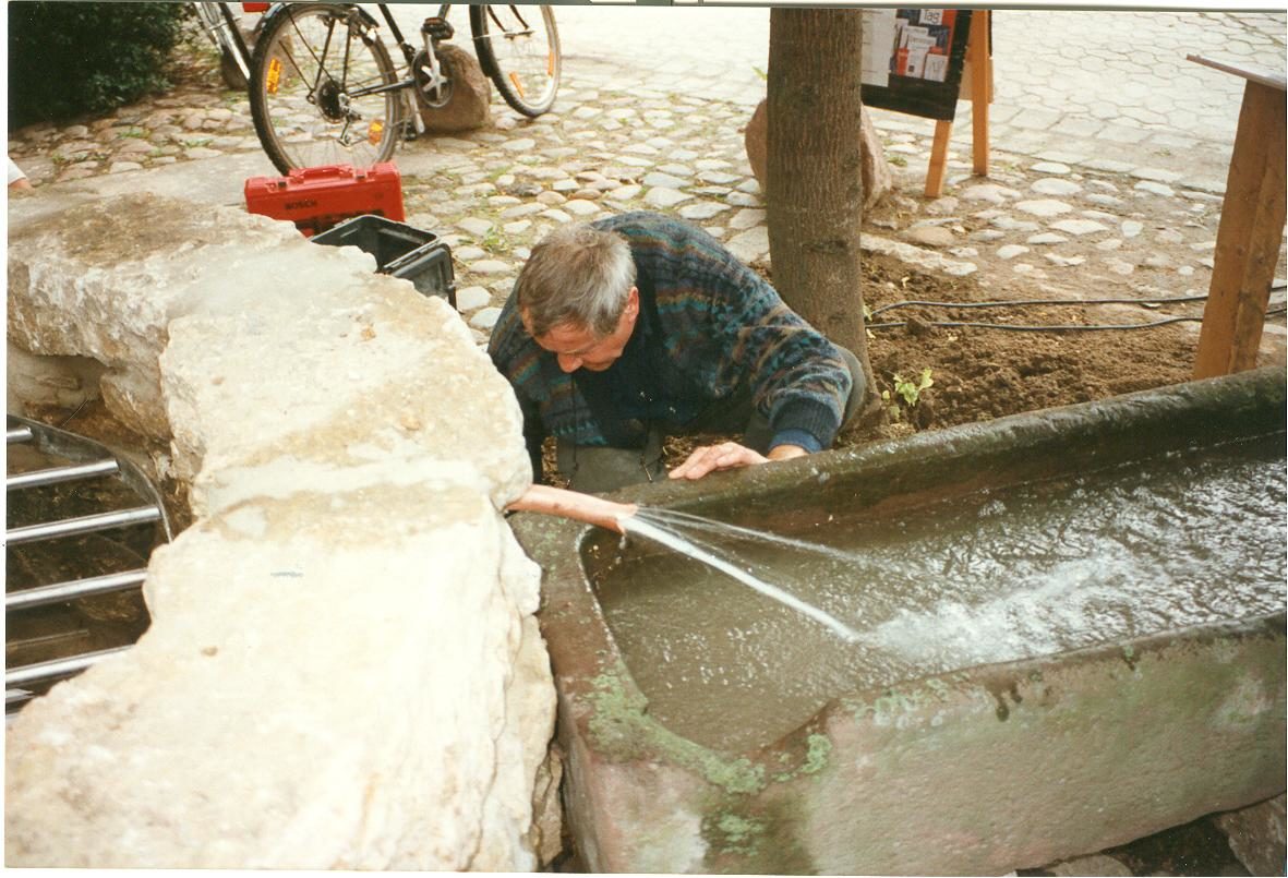 Brunnenwasser sprudelt wieder in eine frühere Viehtränke (Wird bei Klick vergrößert)
